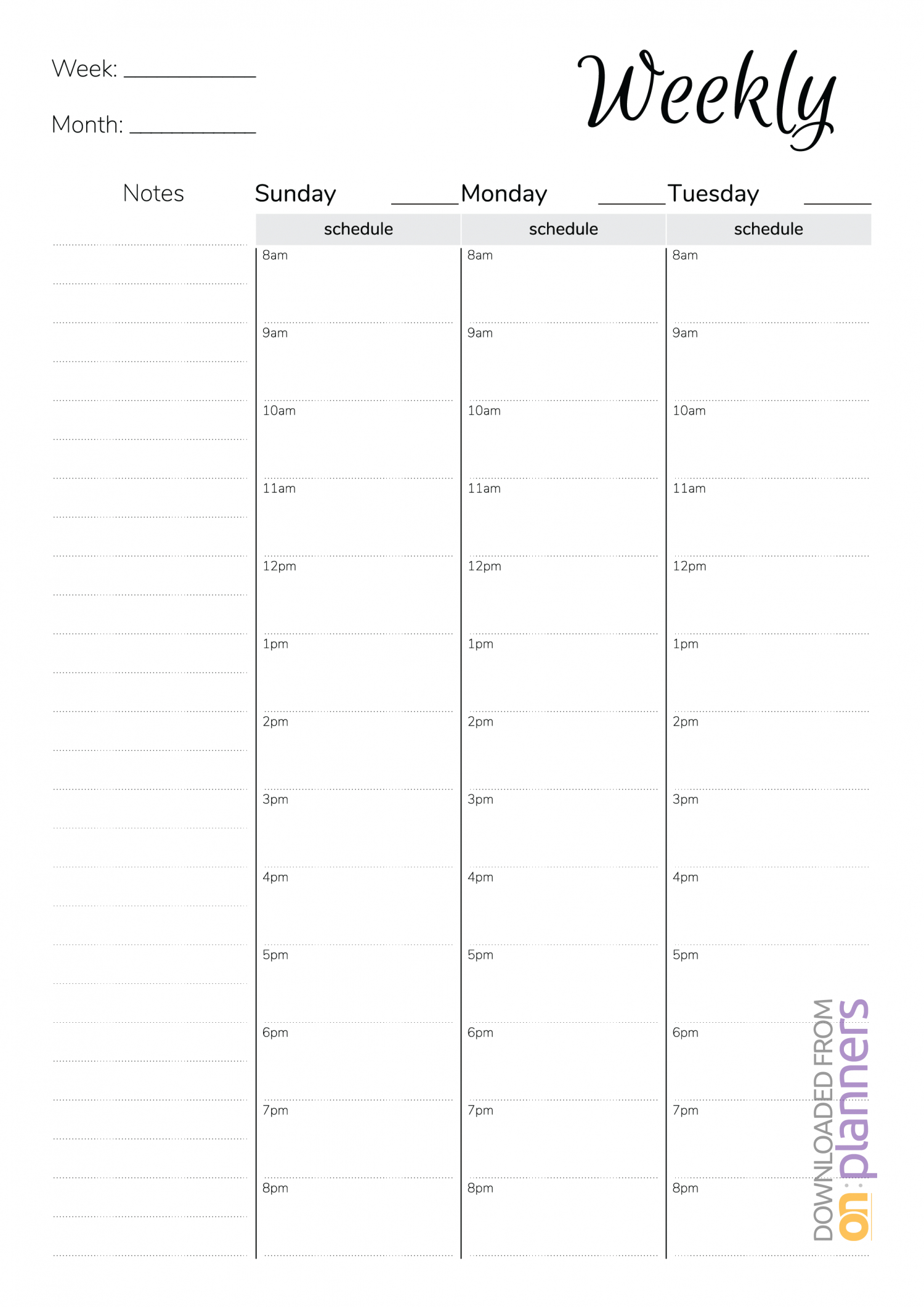 Download Printable Weekly Hourly Planner With Notes Section Pdf with Printable Hourly Schedule