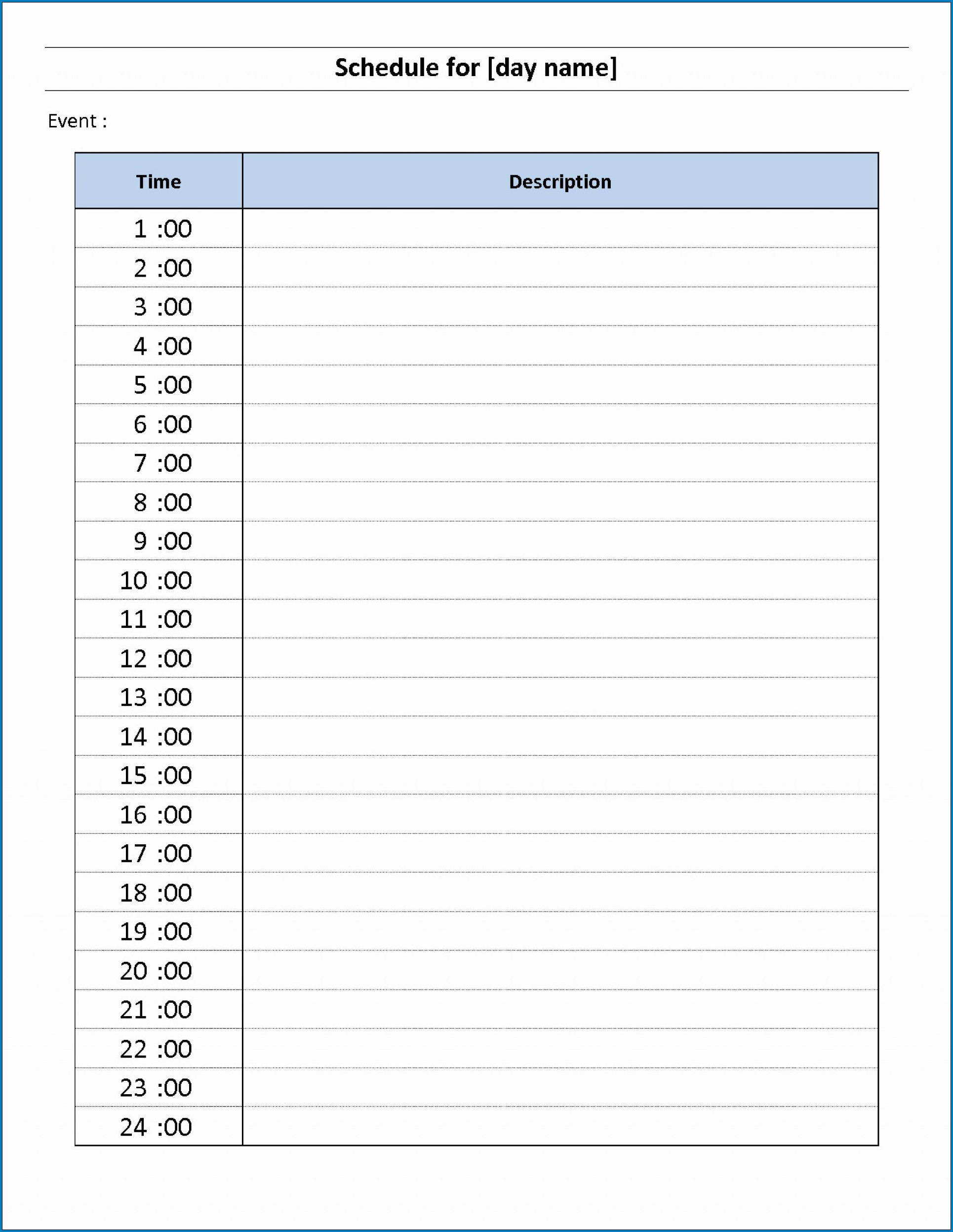 24 Hour Daily Calendar Printable