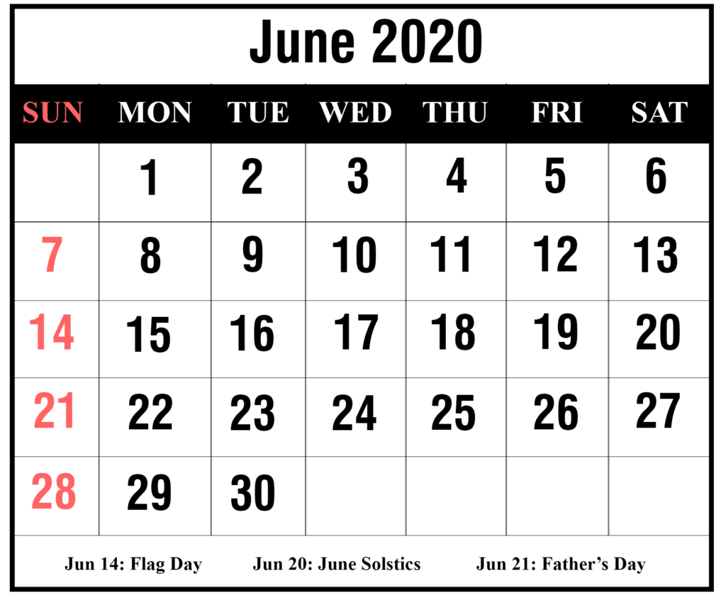 ❤️free 2020 June Printable Calendar Templates [Pdf, Excel within Blank 30 Day Calendar Template