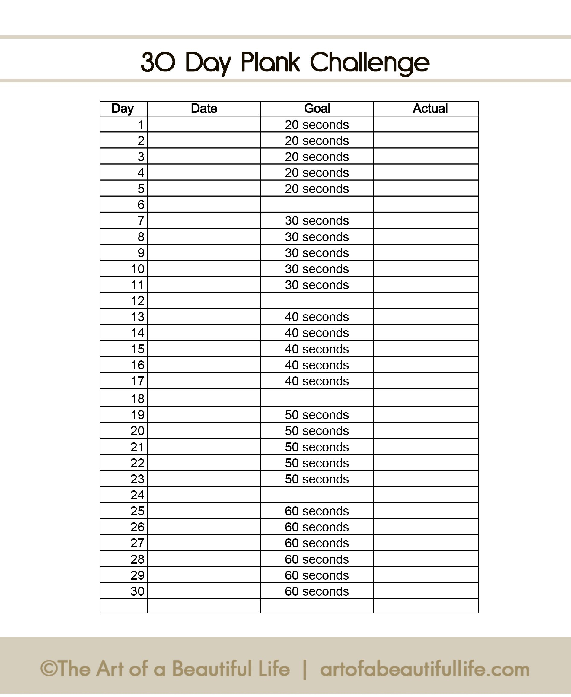 Easy 30 Day Plank Challenge | 30 Day Plank Challenge, 30 Day with 30 Day Plank Challenge Printable