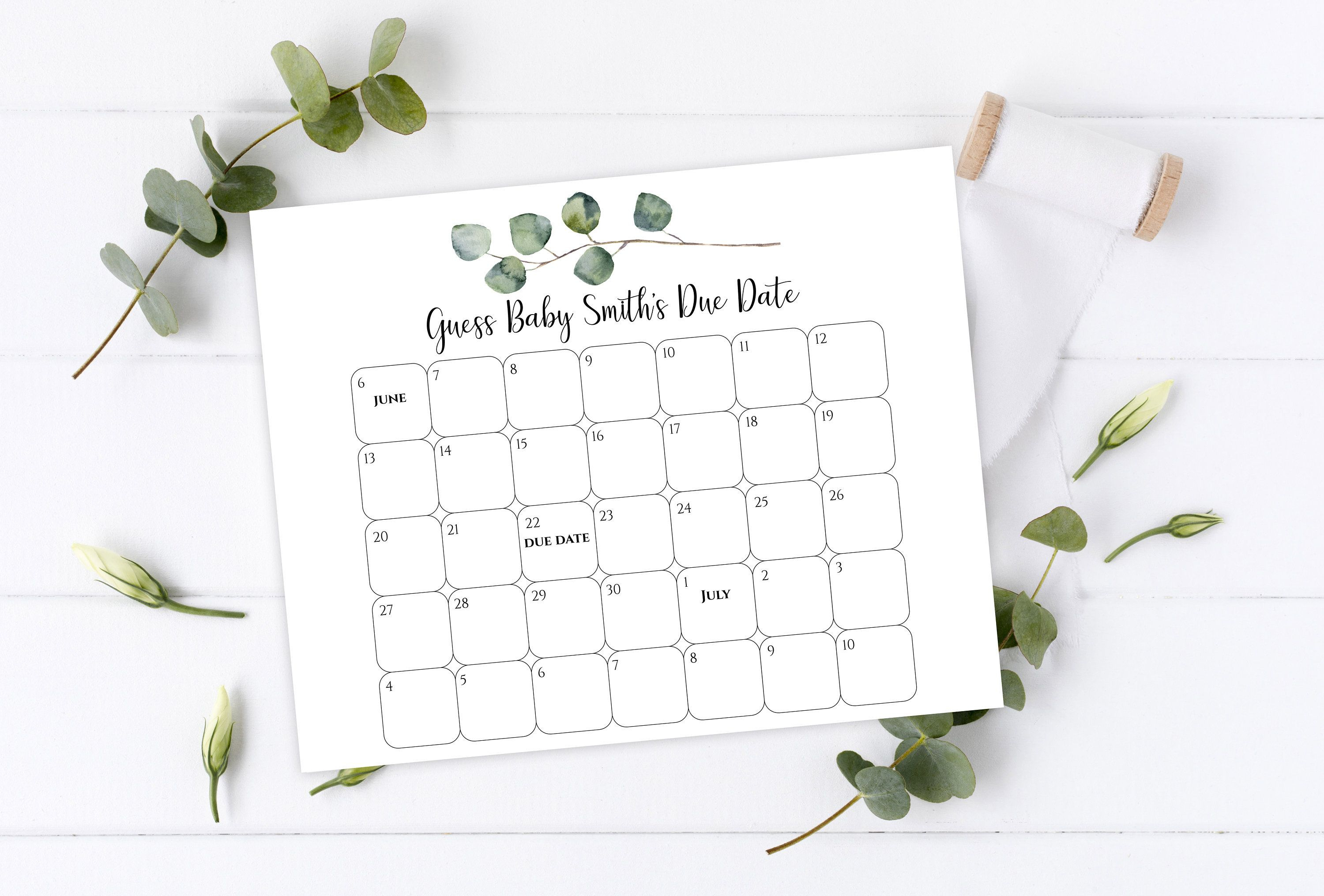 Eucalyptus Baby Due Date Calendar Sign, Printable Baby inside Baby Prediction Template