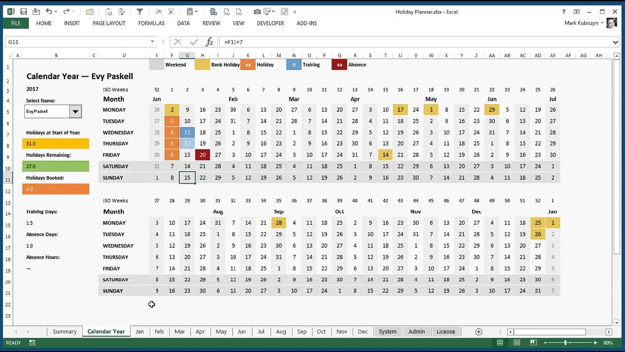 Excel Holiday, Training And Absence Planner For Excel in Team Leave Calendar Excel