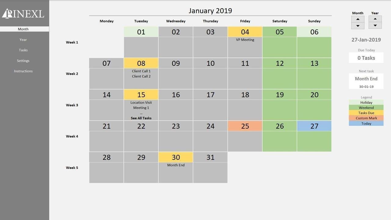 Excel Perpetual Calendar &amp; Task Manager Template pertaining to Perpetual Calendar Excel