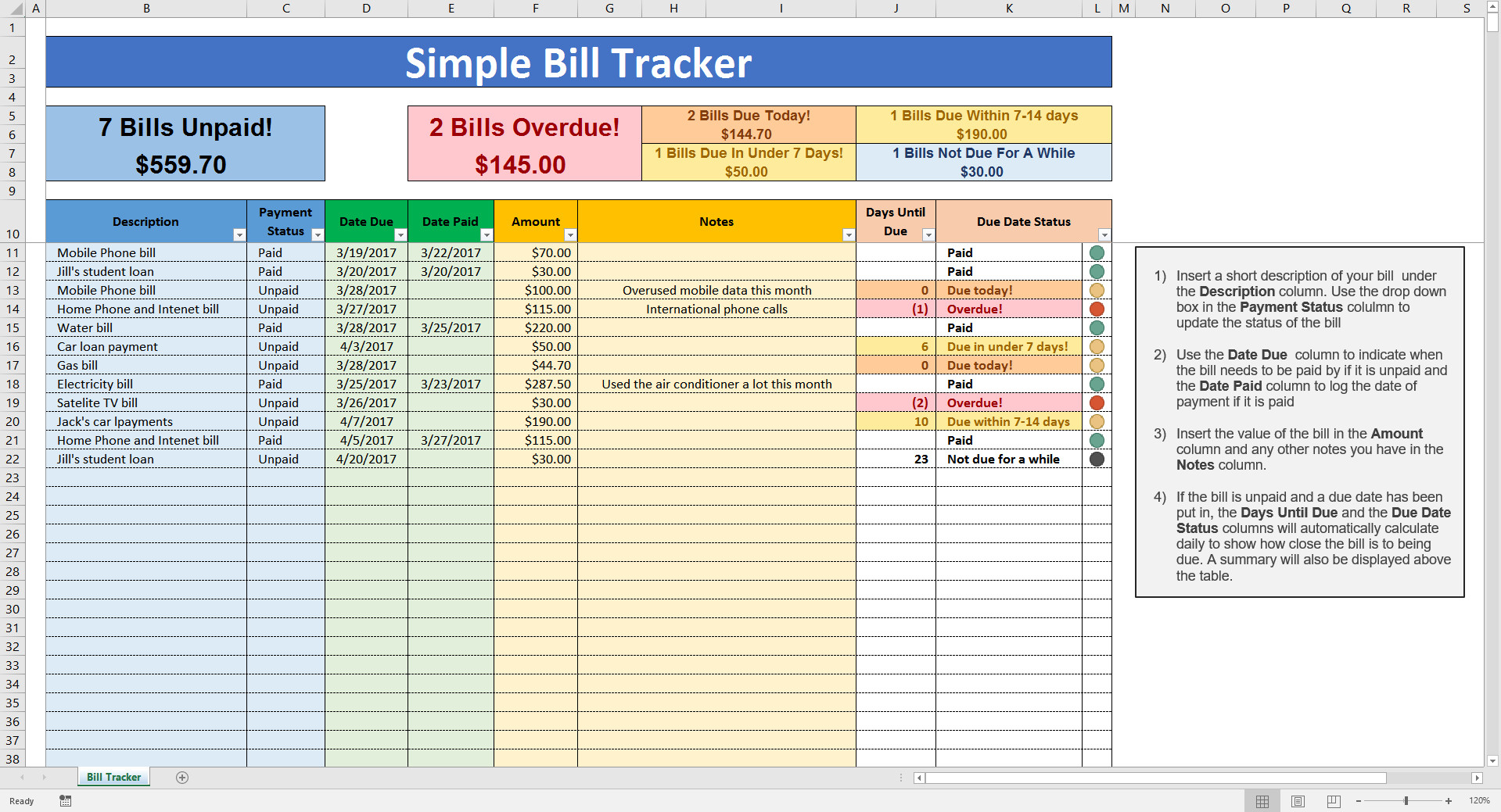 Excel Template For Bills Unique 2018 Monthly Bill Tracker intended for Monthly Bill Payment Log Excel