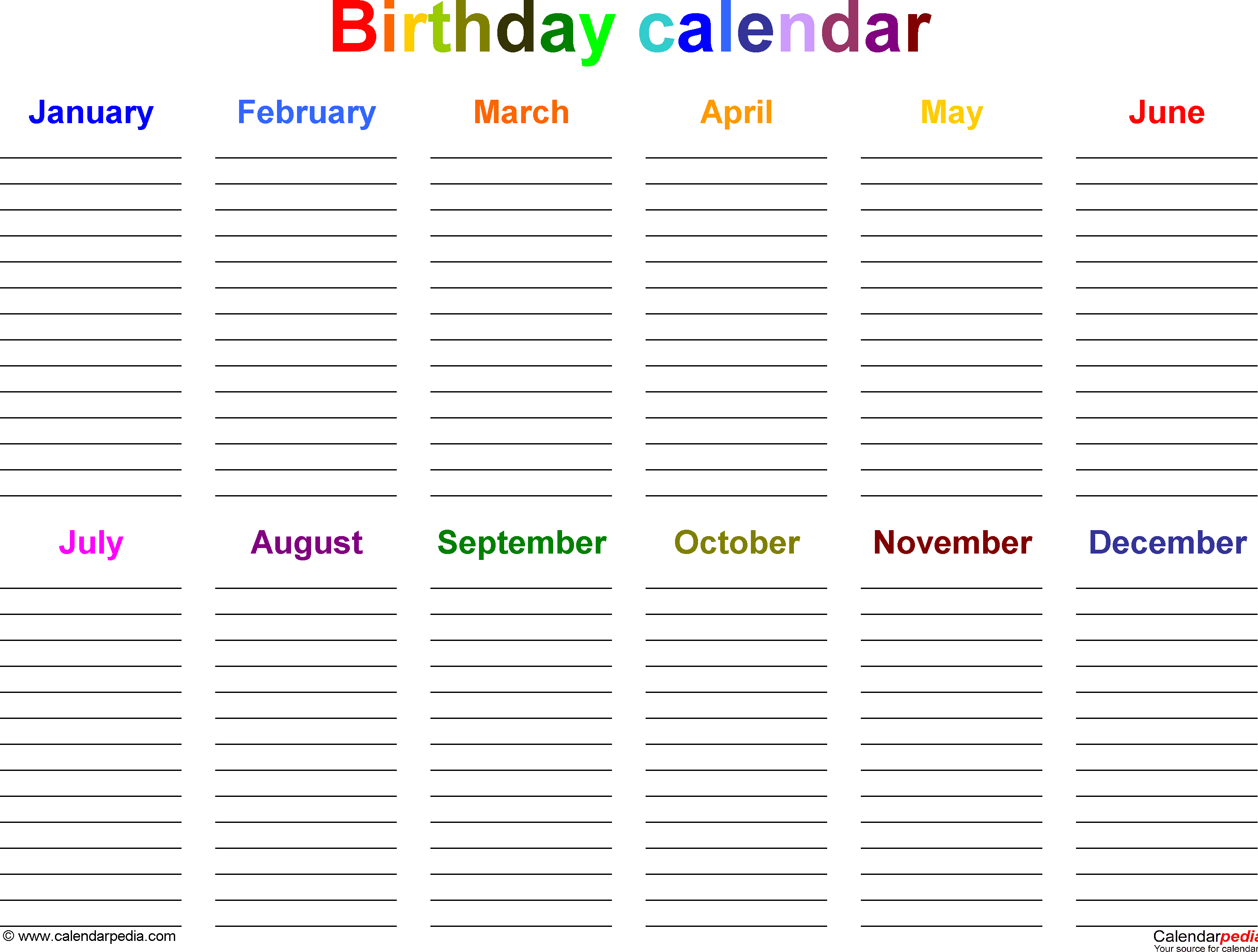 Excel Template For Birthday Calendar In Color (Landscape within Blank Birthday Calendar Template