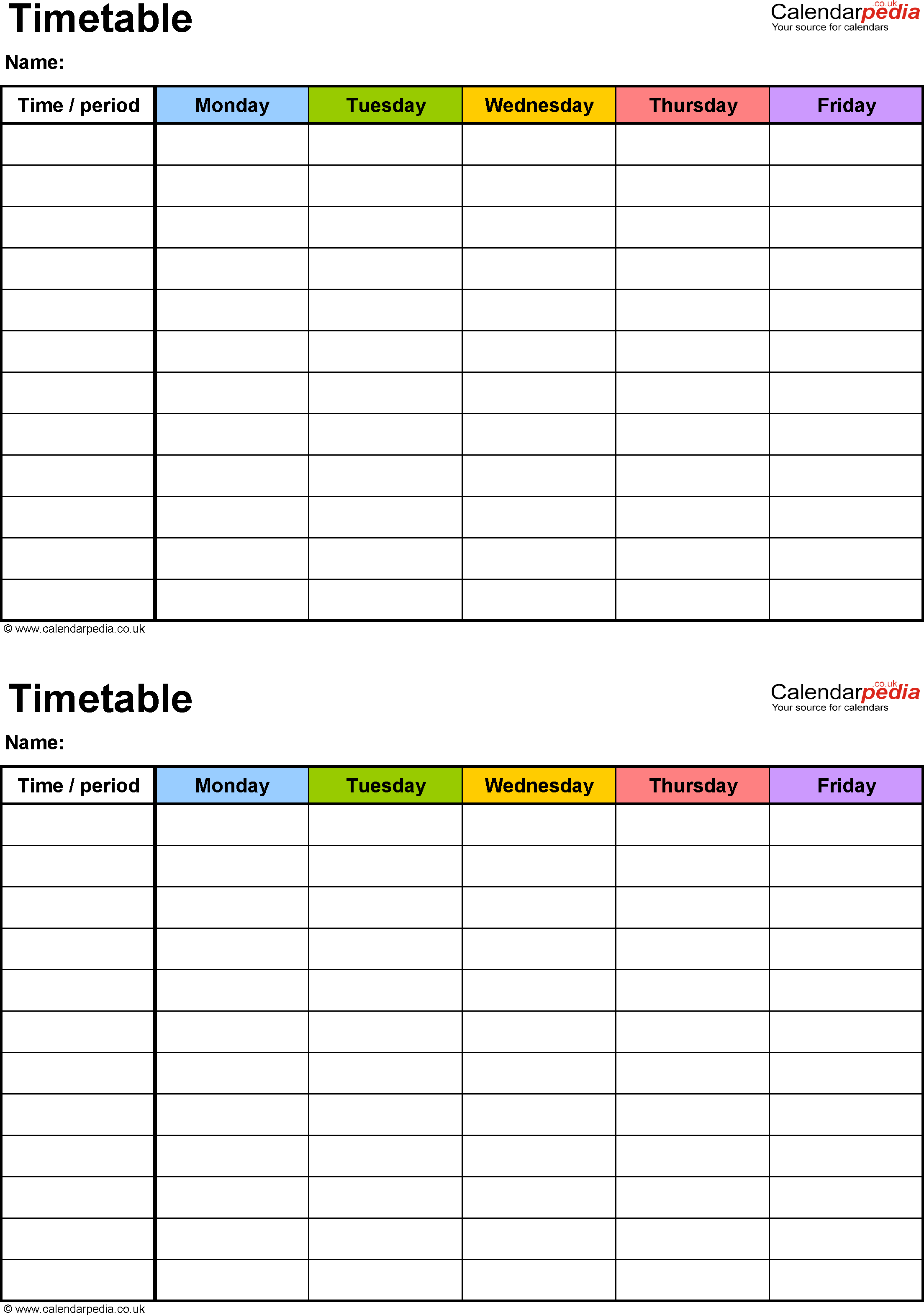 Excel Timetable Template 6: 2 A5 Timetables On One Page in Monday Through Friday Calendar Template Word