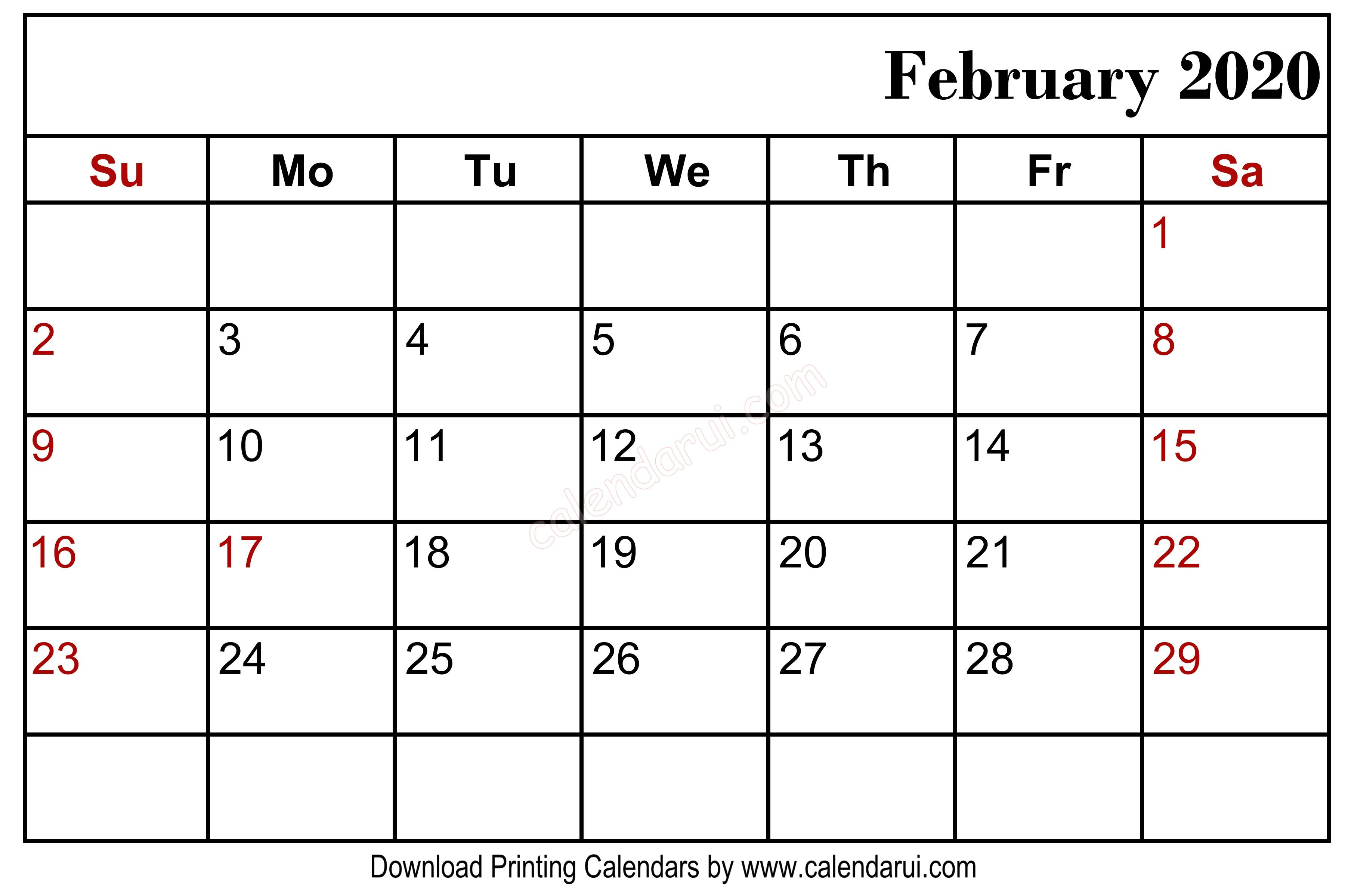 February 2020 Blank Calendar Printable Right | Blank in February 2020 Daily Calendar