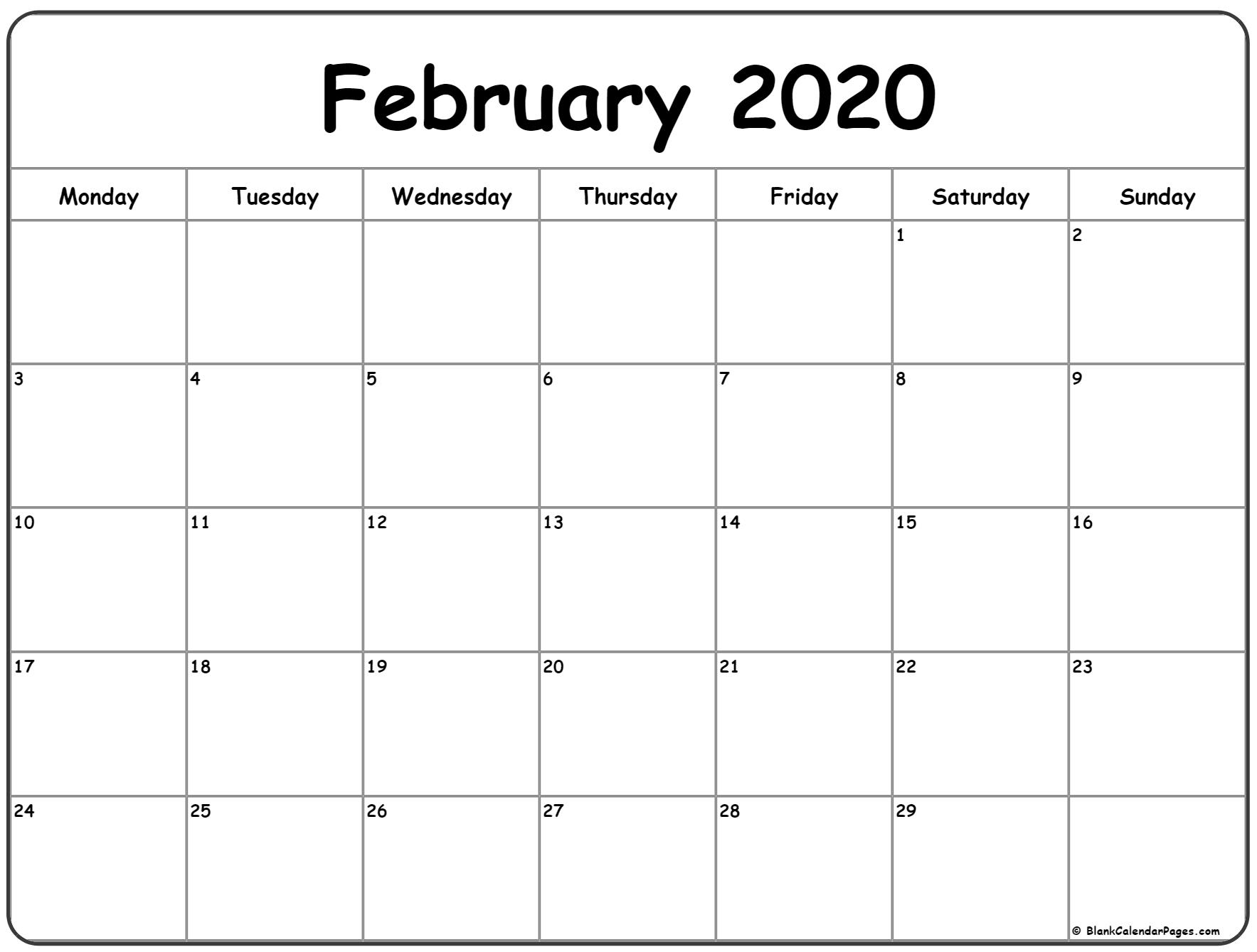 February 2020 Monday Calendar | Monday To Sunday inside Blank Calendar Monday Through Sunday