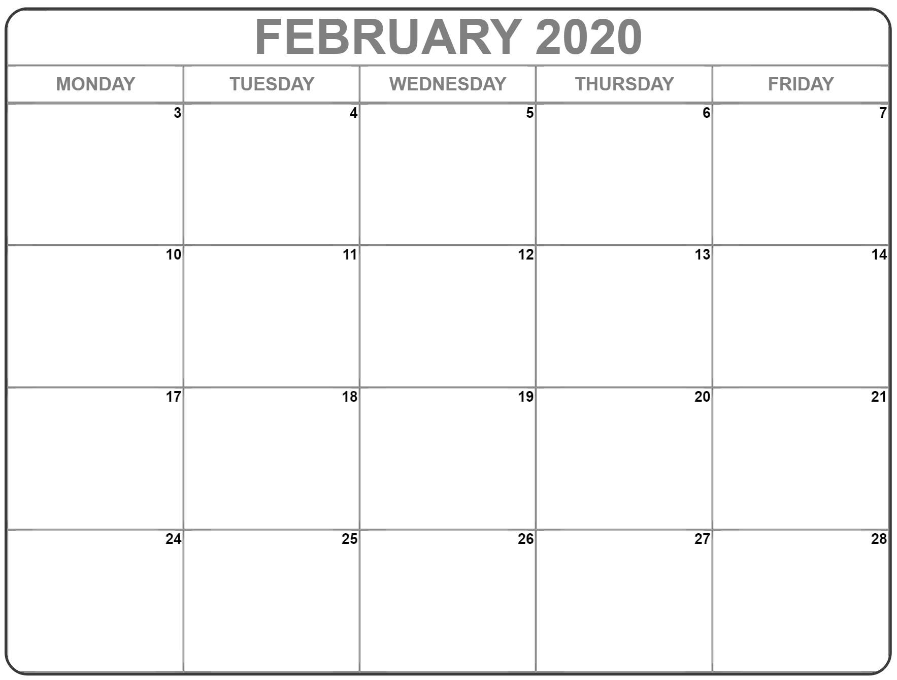 February 2020 Monday Calendar | Monday To Sunday within Monday Through Friday Calendar