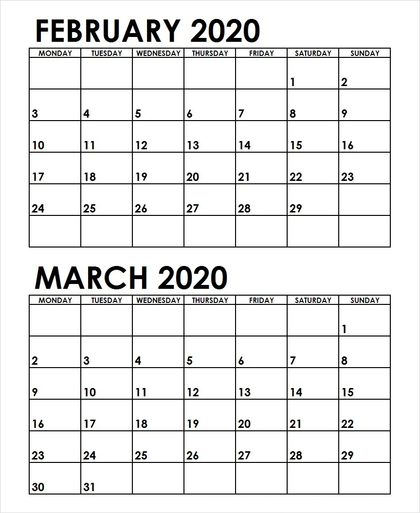 February And March 2020 Calendar – Printable Monthly inside Two Month Calendar Template