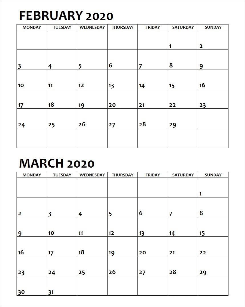 February And March 2020 Calendar – Printable Monthly intended for February And March 2020