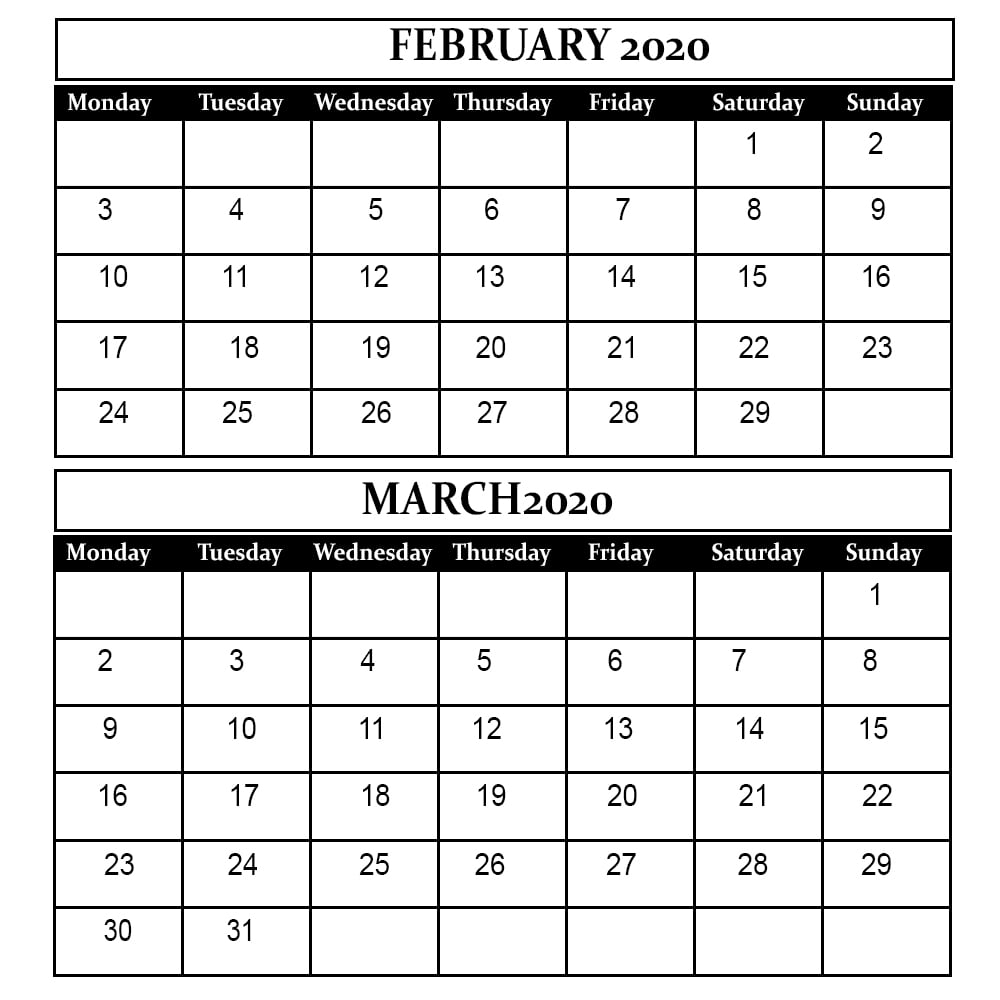 February And March 2020 Free Printable Calendar with Feb And March 2020