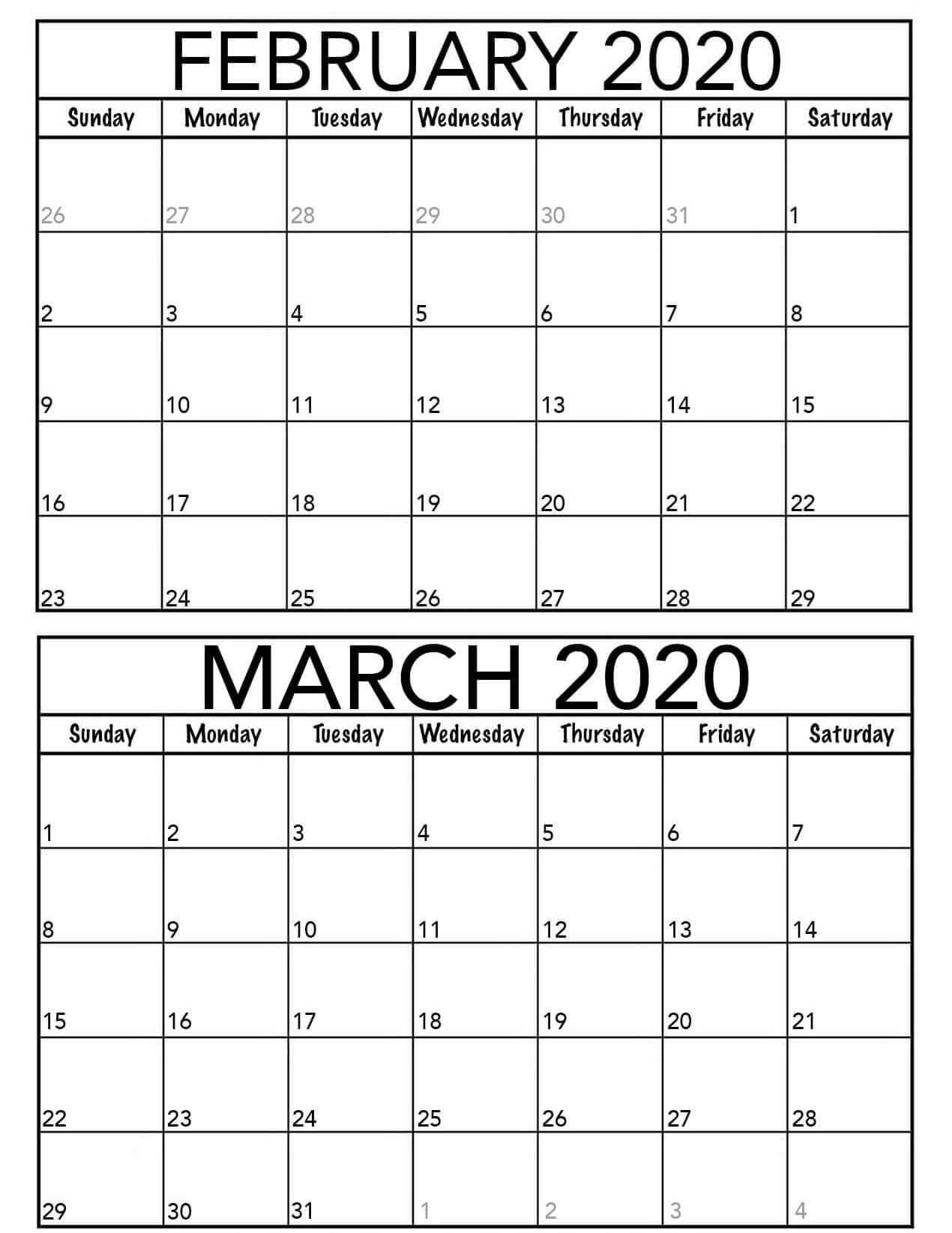 February March 2020 Calendar Template  2019 Calendars For in 2020 Calendar February And March