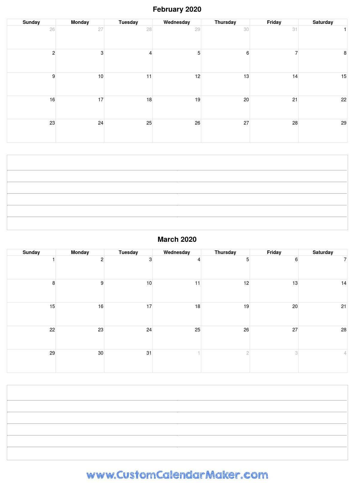 February To March 2020 Calendar Template With Notes for Feb And March 2020