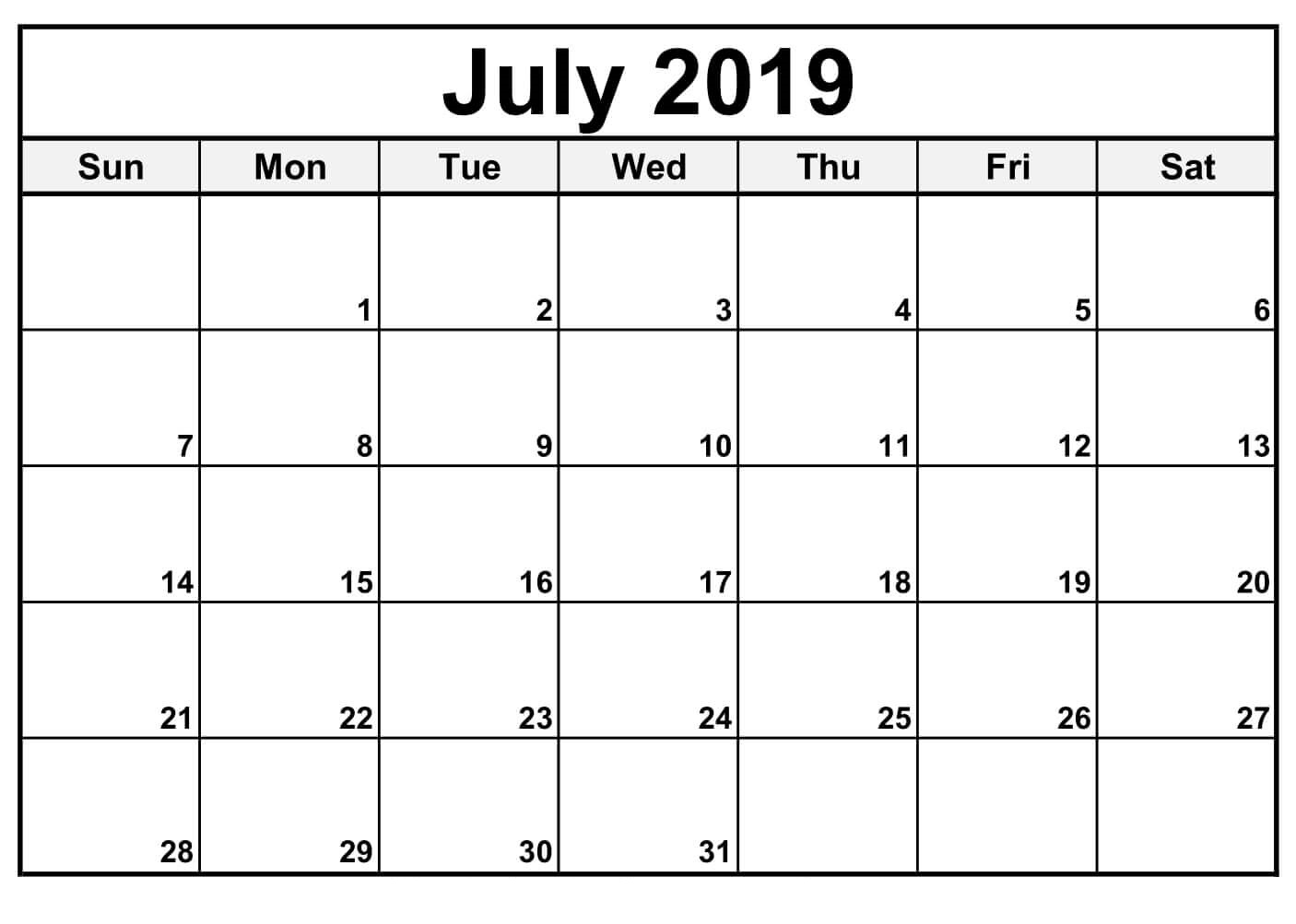 Fillable July 2019 Calendar Printable Template with Fillable Printable Calendar