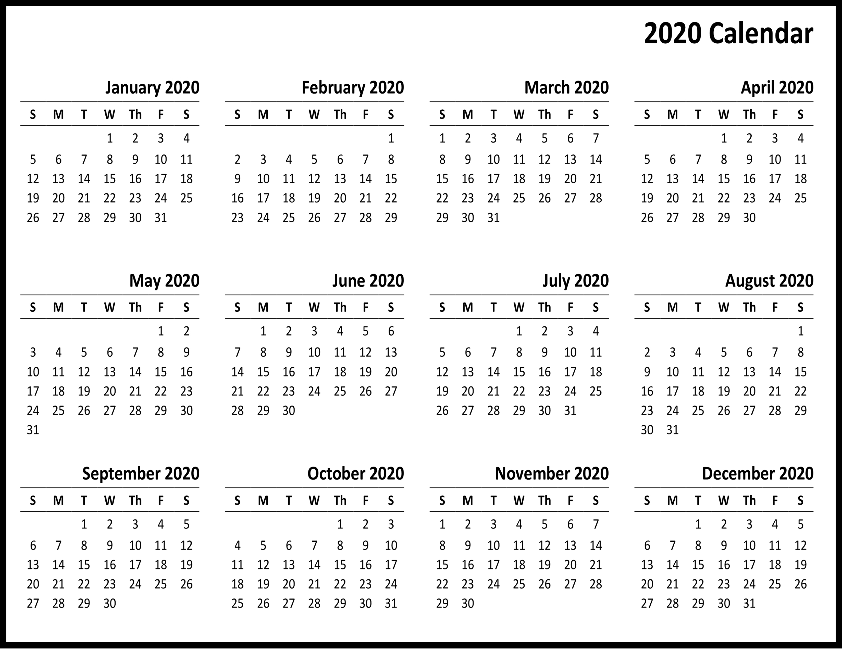 Free 2020 Yearly Printable Calendar Template | Calendar Wine inside 2020 Calendar Printable