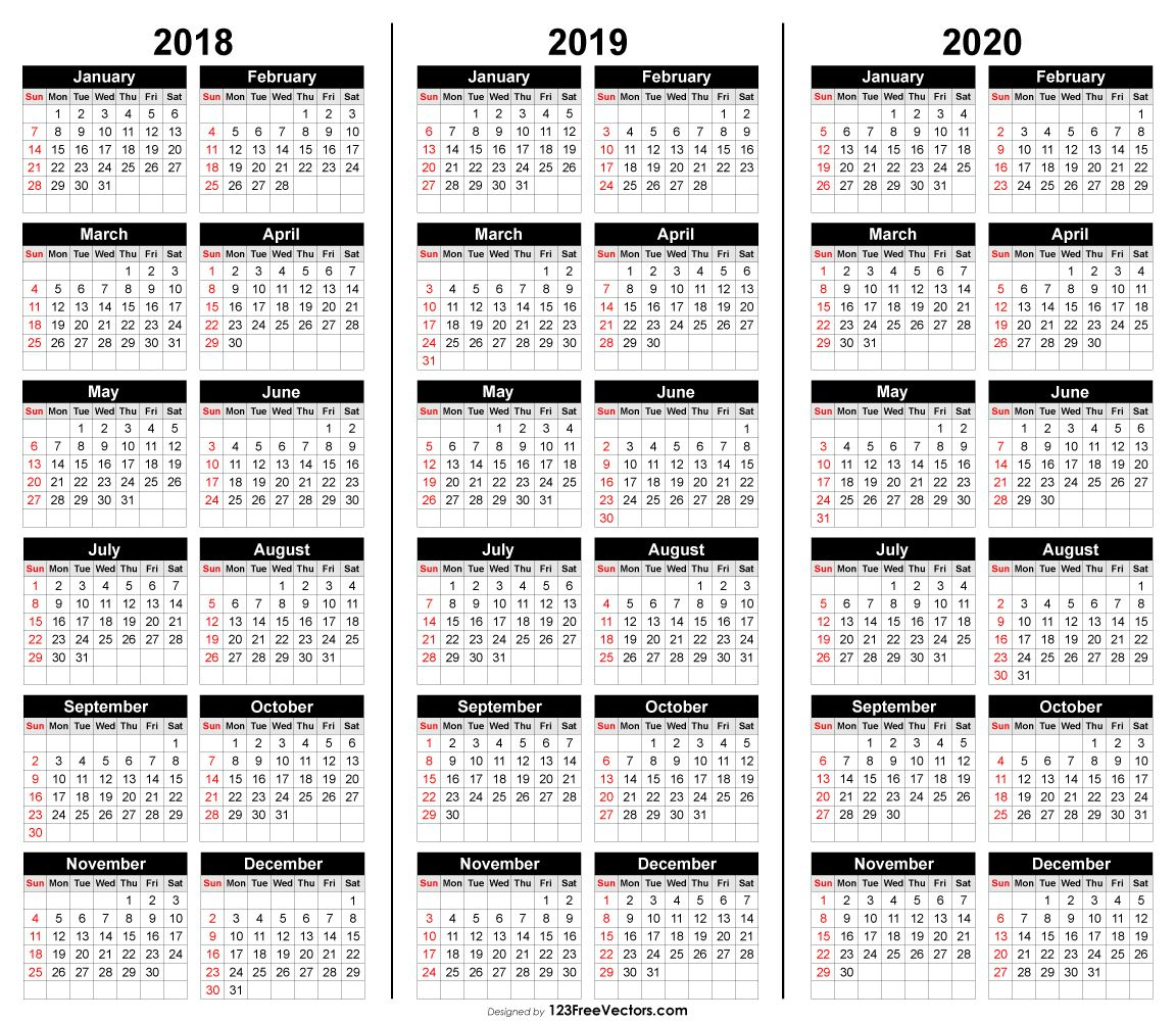 Free 3 Year Calendar 2018 2019 2020 intended for 3 Year Calendar Printable