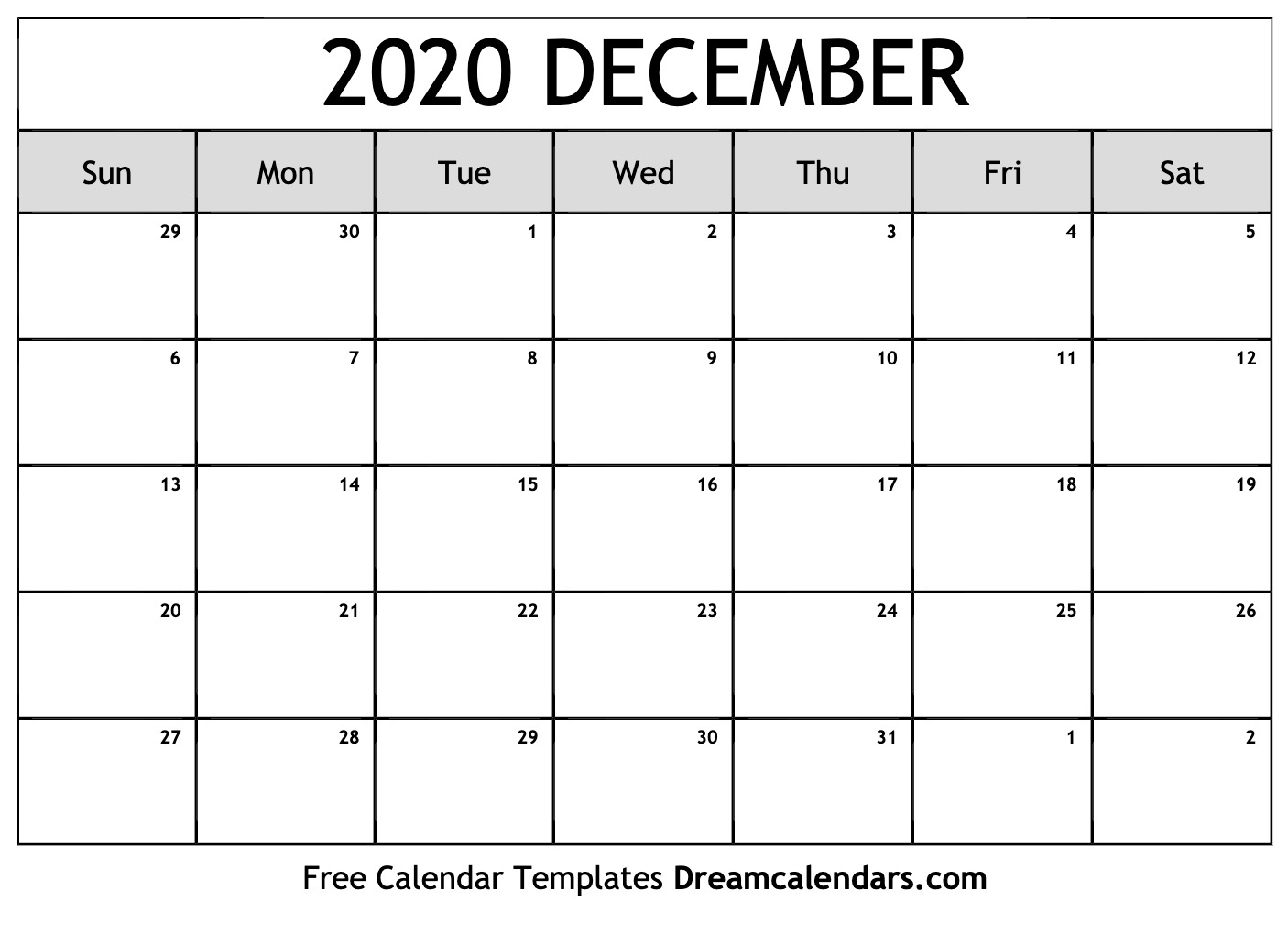 Free Blank December 2020 Printable Calendar in December Calendar 2020 Pinterest