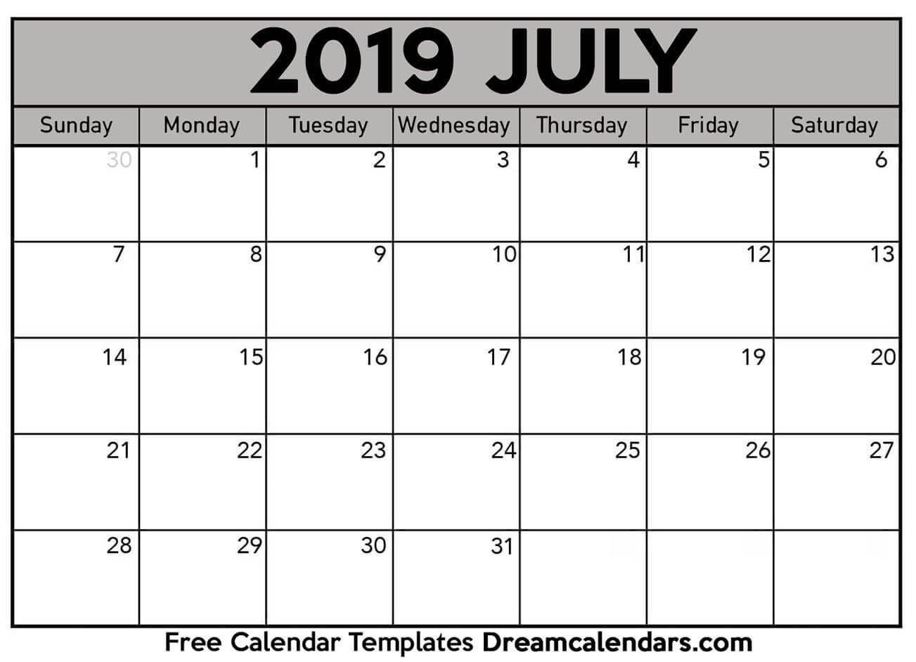 Free Blank July 2019 Printable Calendar inside Calendar Kosong 2020