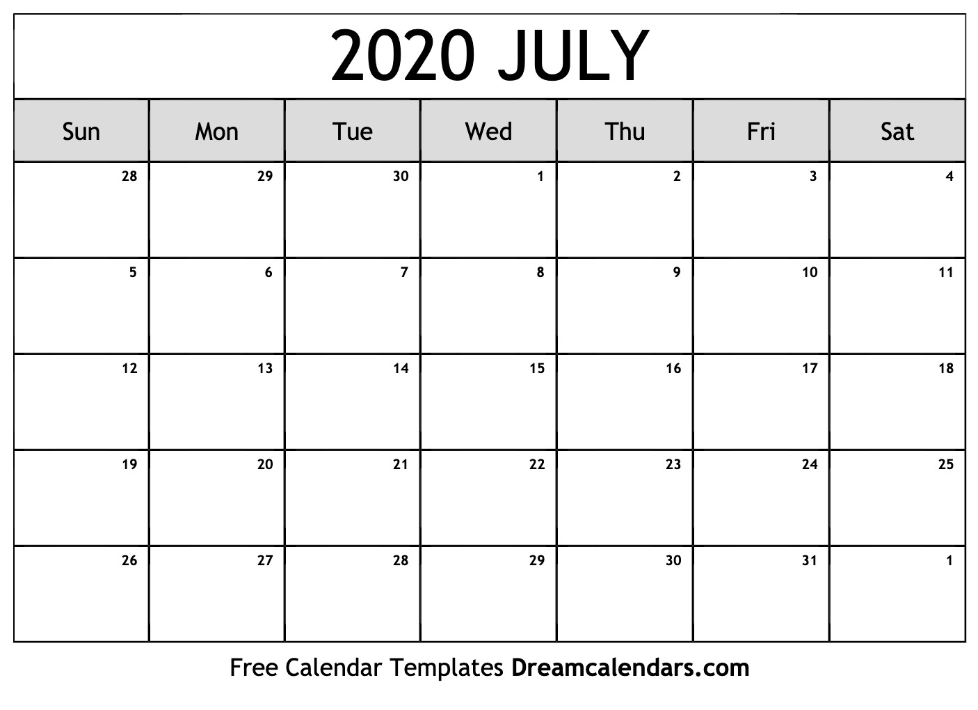 Free Blank July 2020 Printable Calendar for September Thru December 2020 Calendar