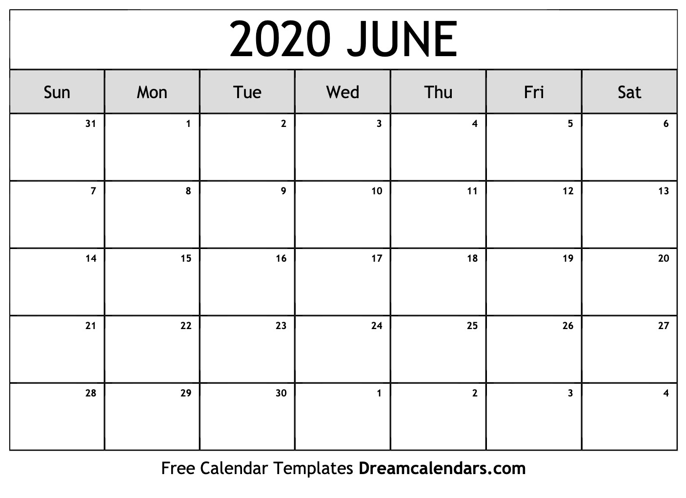 Free Blank June 2020 Printable Calendar for National Day Calendar June 2020
