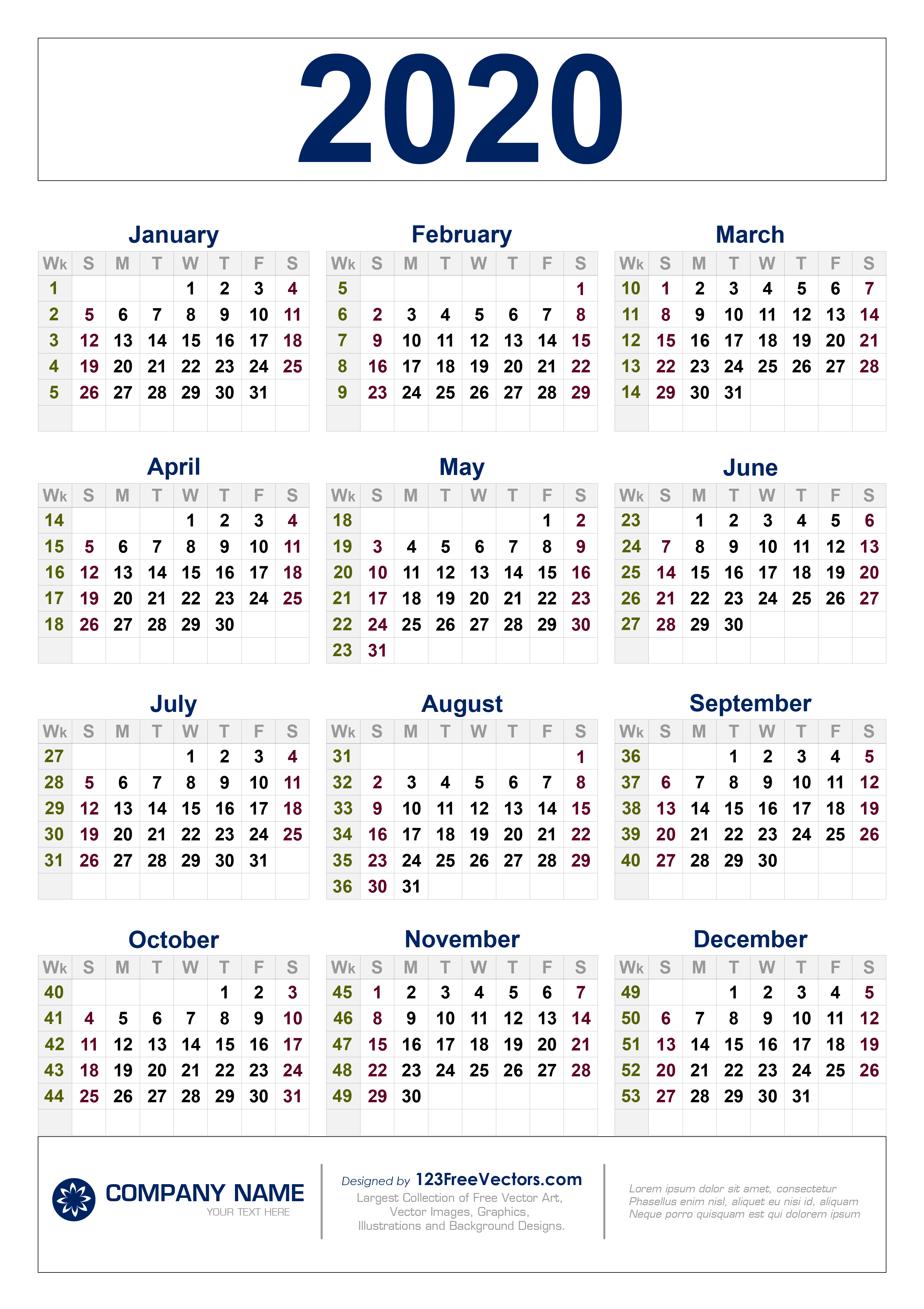 Free Download 2020 Calendar With Week Numbers in 2020 Calendar Vector Free