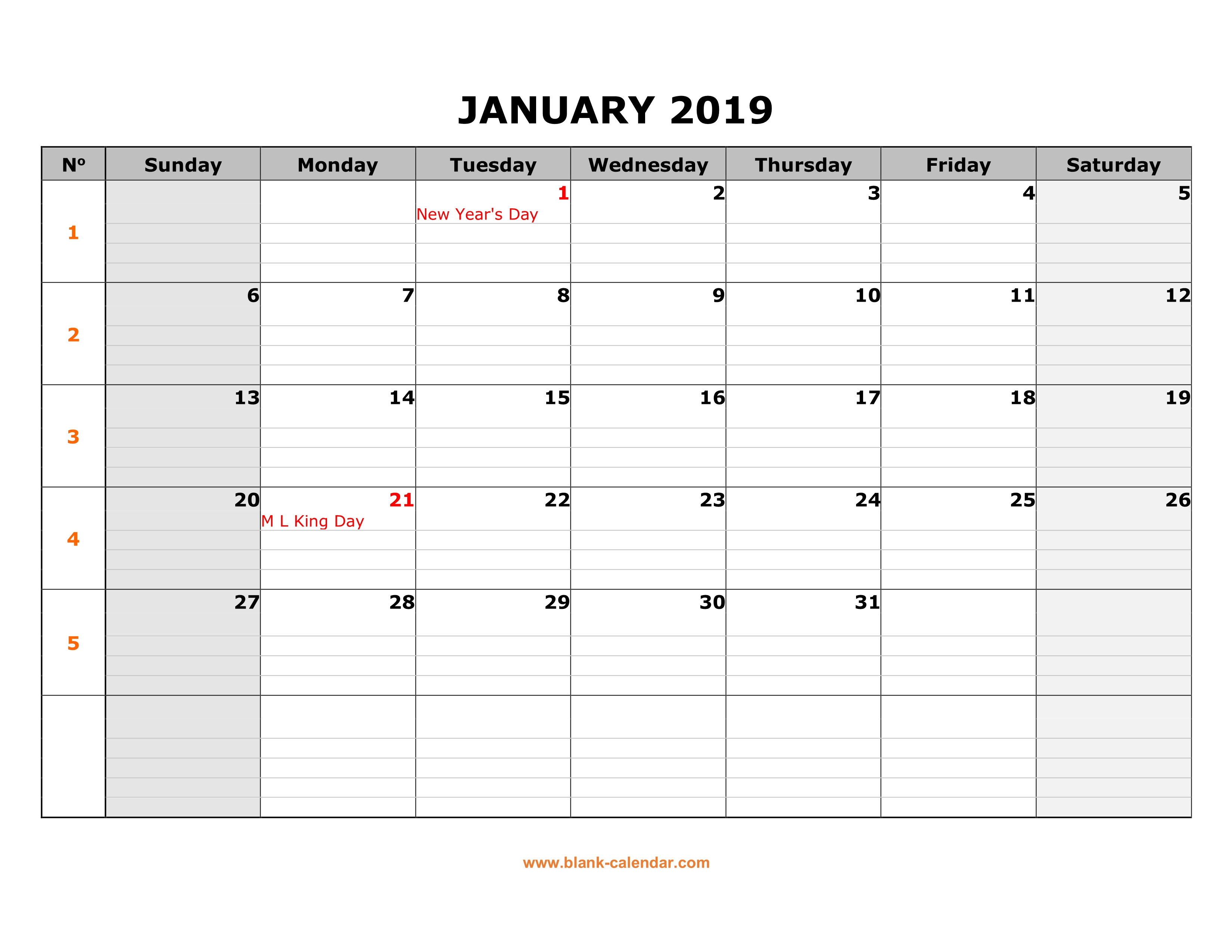 Free Download Printable Calendar 2019, Large Box Grid, Space intended for Blank One Month Calendar
