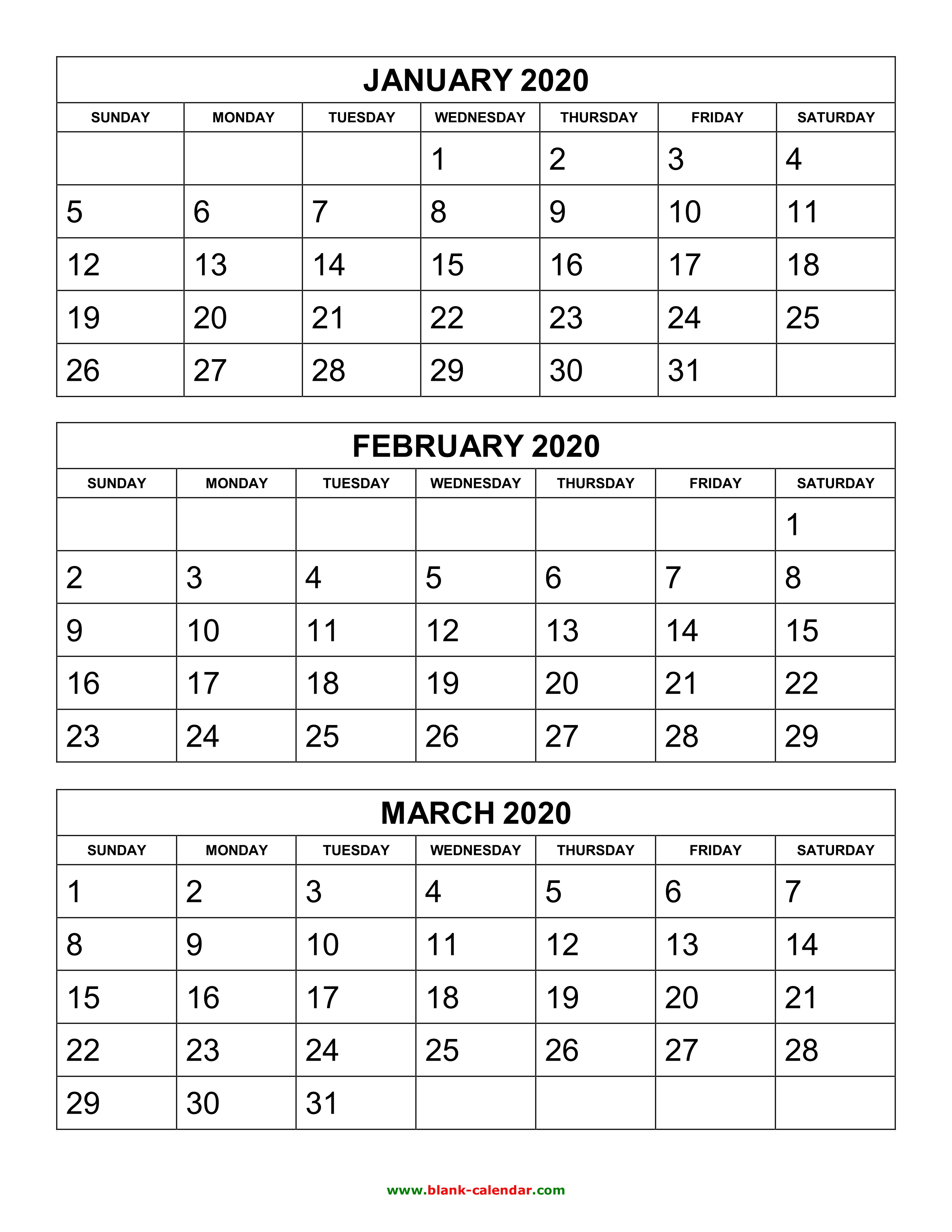 Free Download Printable Calendar 2020, 3 Months Per Page, 4 in 3 Month Calendar Print