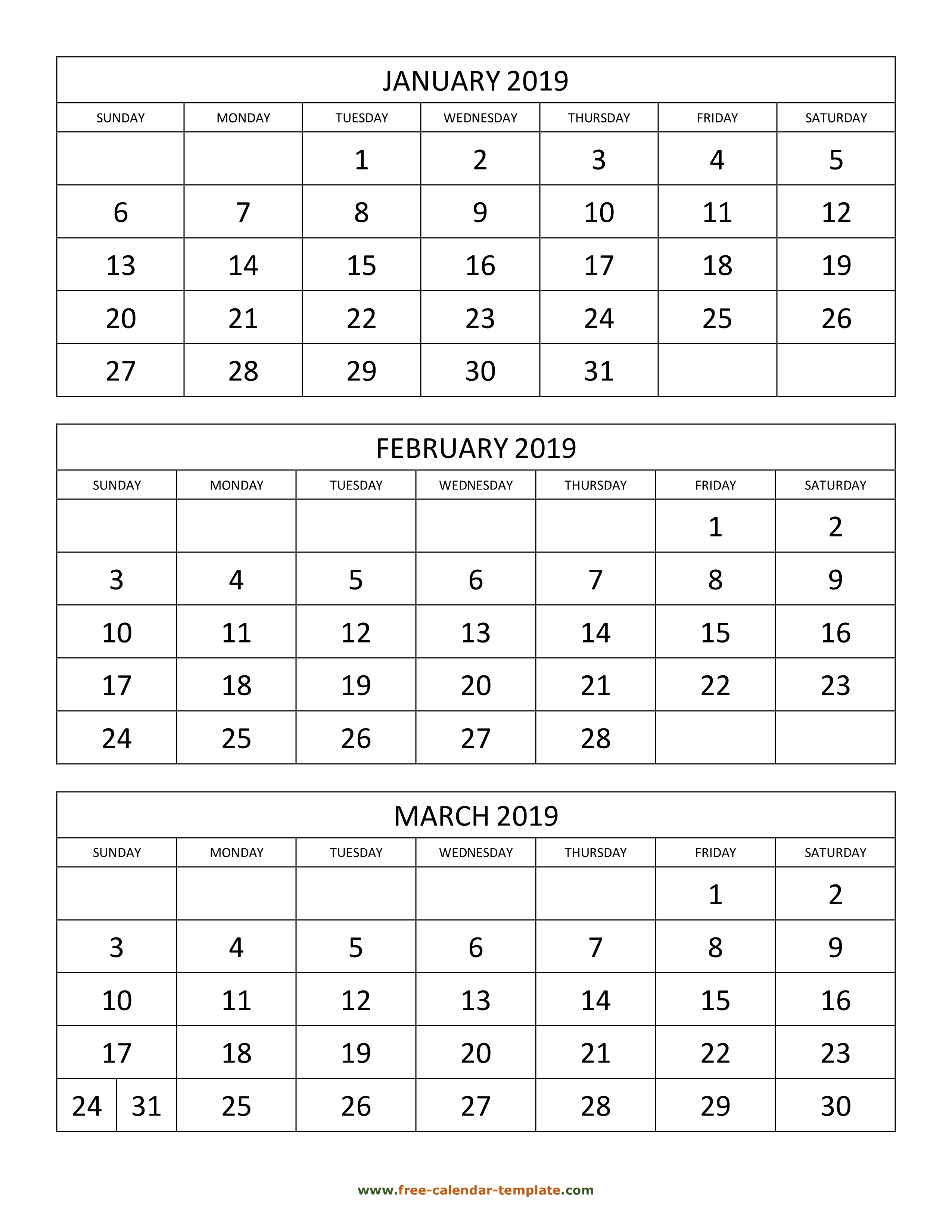 Free Monthly Calendar 2019, 3 Months Per Page (Vertical for Calendar 4 Months Per Page