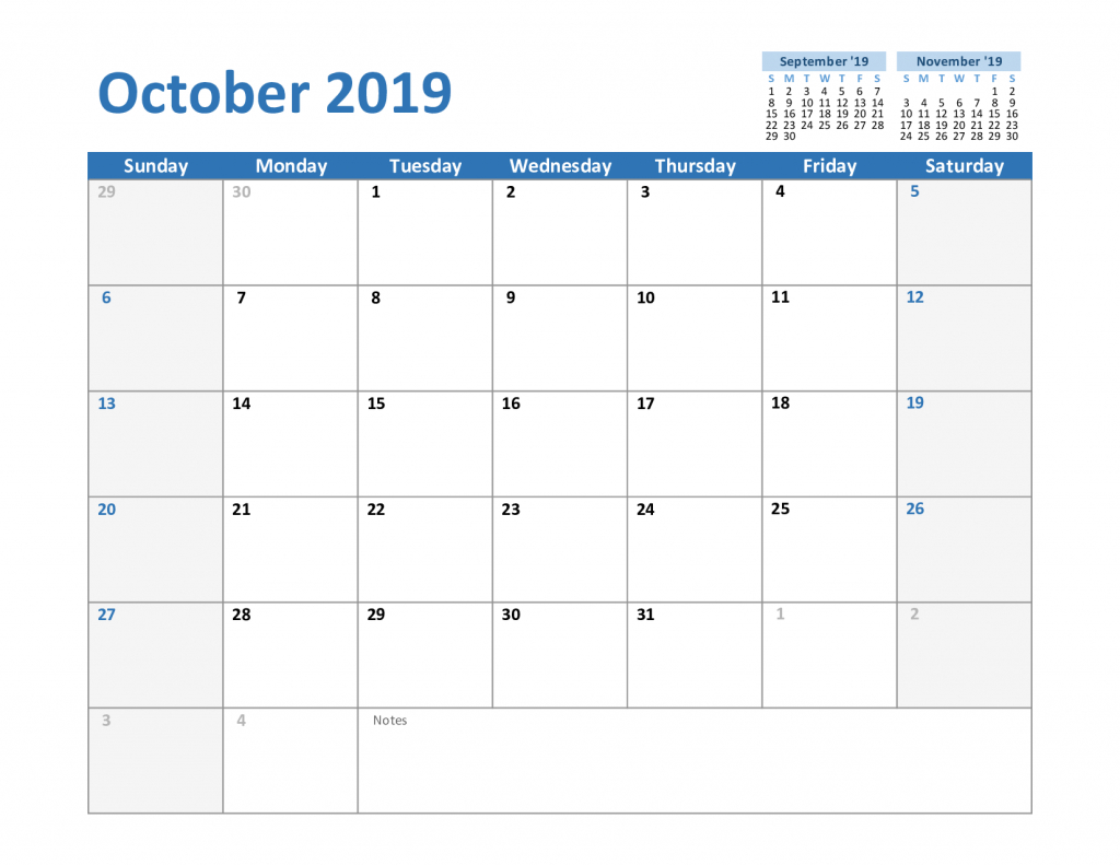 Free October 2019 Printable Calendar Template In Pdf, Excel inside Blank Calendar Template Word