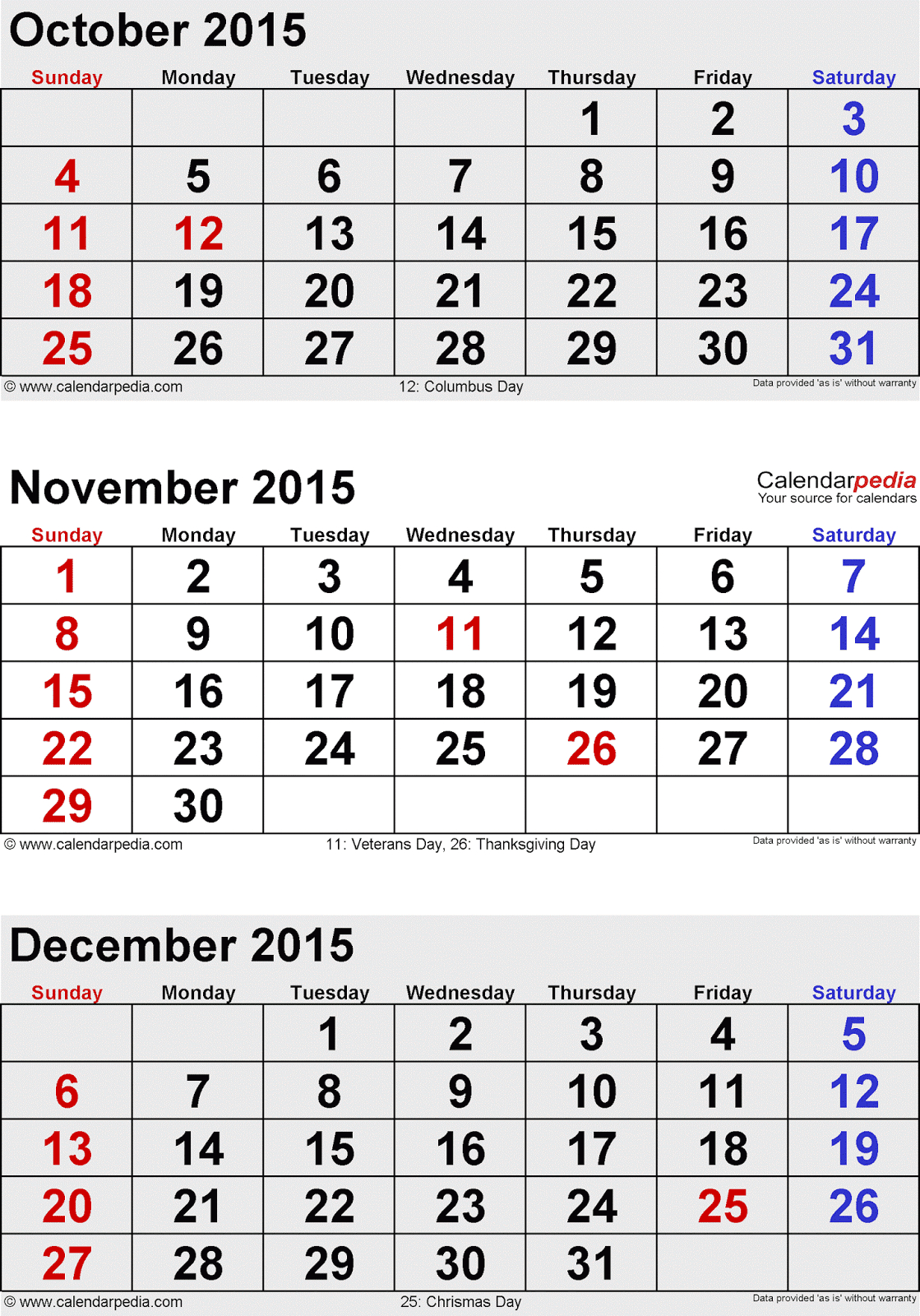 Free]^ October November Dec 2015 (3 Months) Blank Calendar with regard to December 2015 Calendar Printable