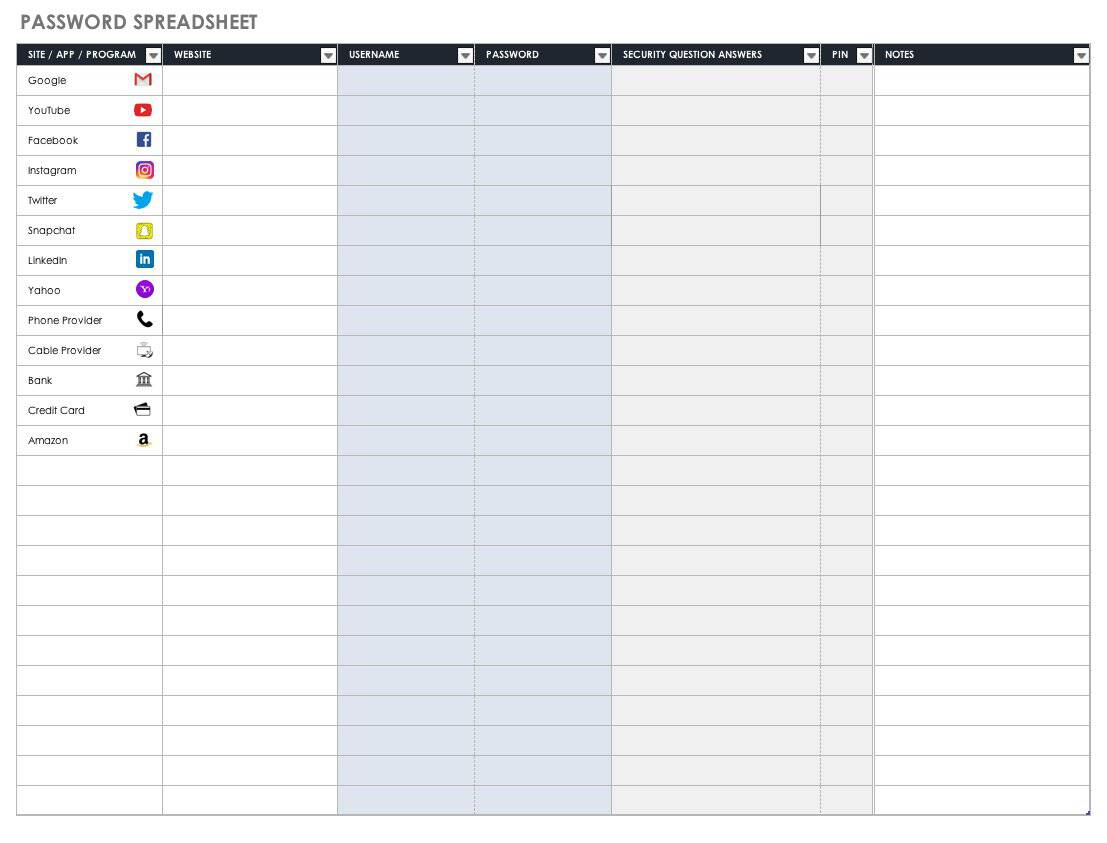 Free Password Templates And Spreadsheets | Smartsheet with Free Printable Password Sheet