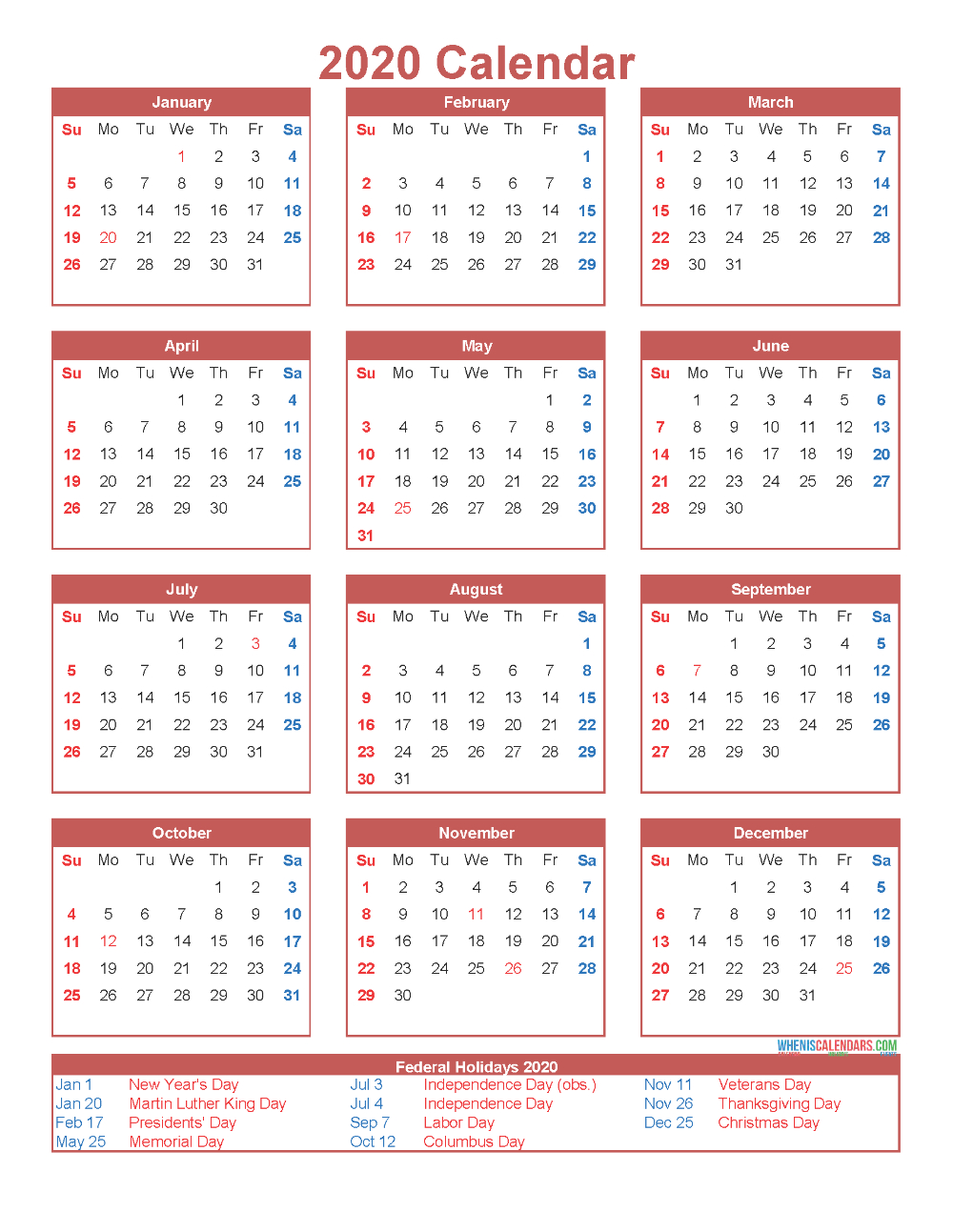 Free Printable 12 Month Calendar On One Oage 2020 | Free pertaining to Printable 12 Month 2020 Calendar