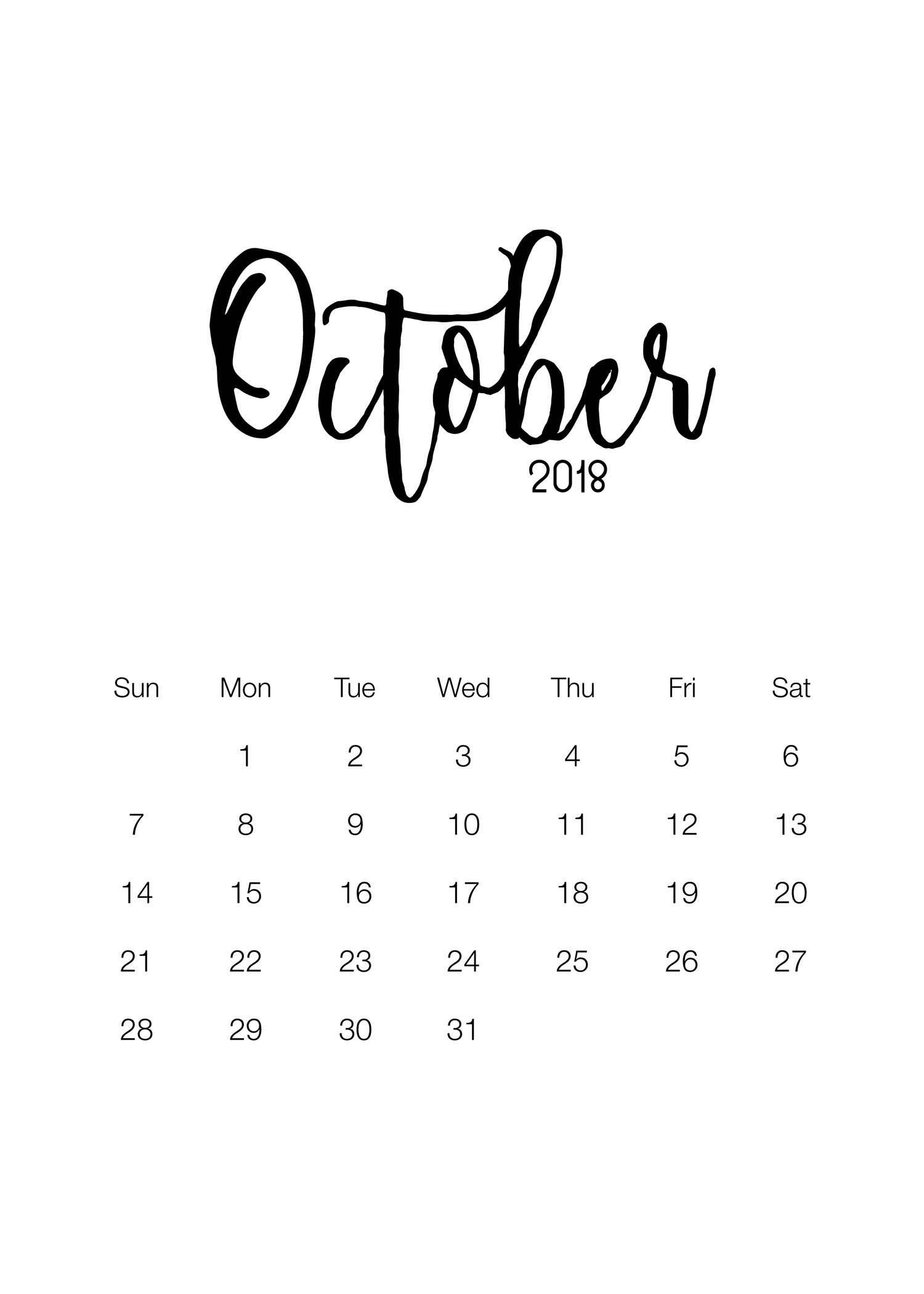Free Printable 2018 Minimalistic Design Calendar | October within Free Printable Due Date Calendar