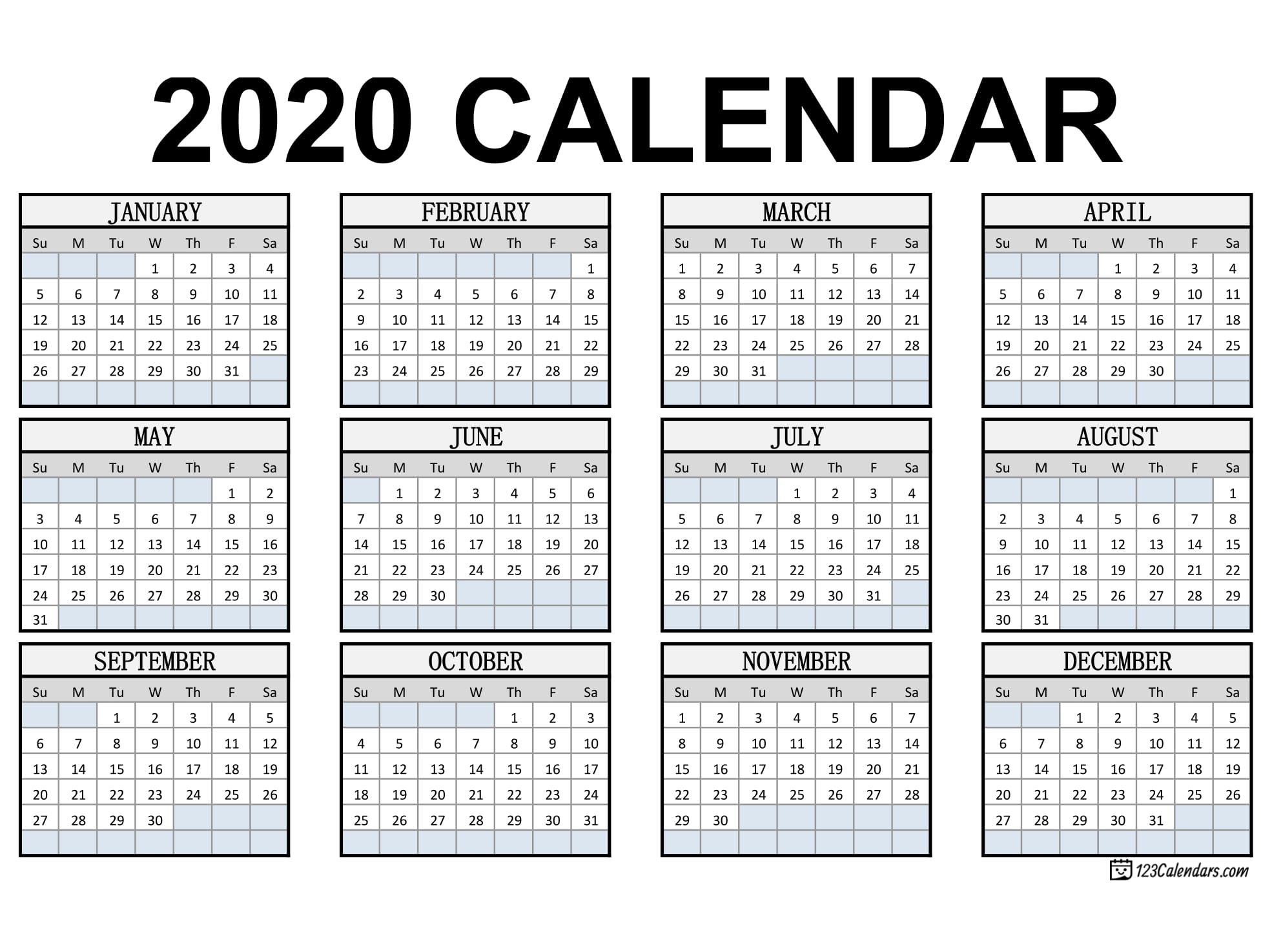 Free Printable 2020 Calendar | 123Calendars throughout Pocket Size Calendar Printable