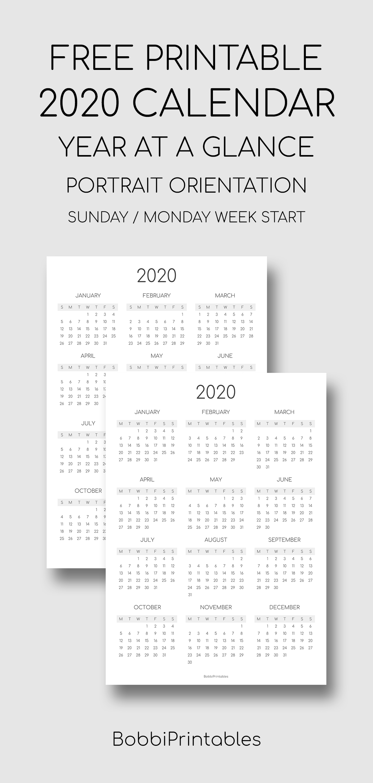 Free Printable 2020 Year At A Glance Calendar  Portrait pertaining to 2020 At A Glance Calendar Printable