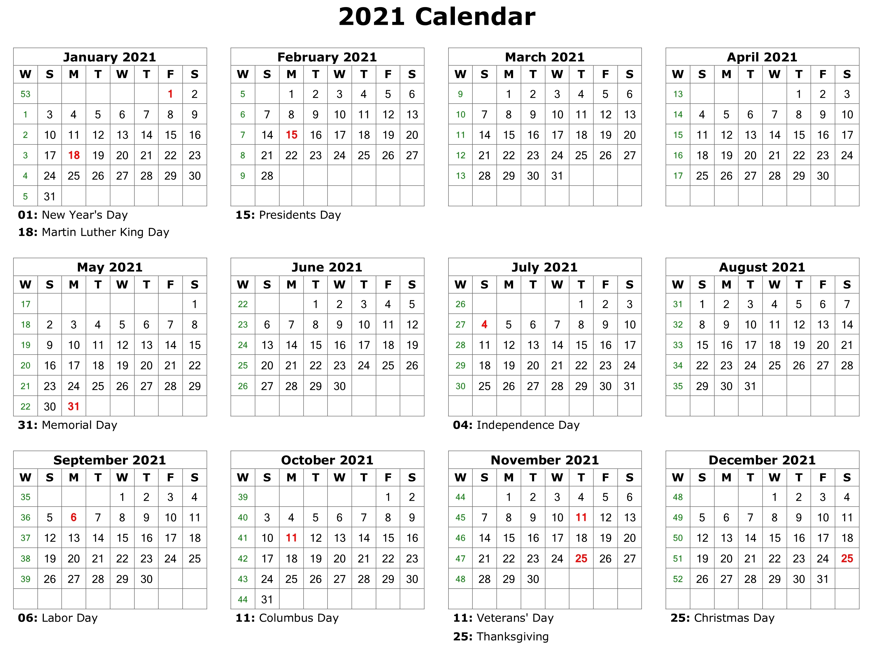 Free Printable 2021 Monthly Calendar With Holidays Word Pdf with Year Long Calendar Printable