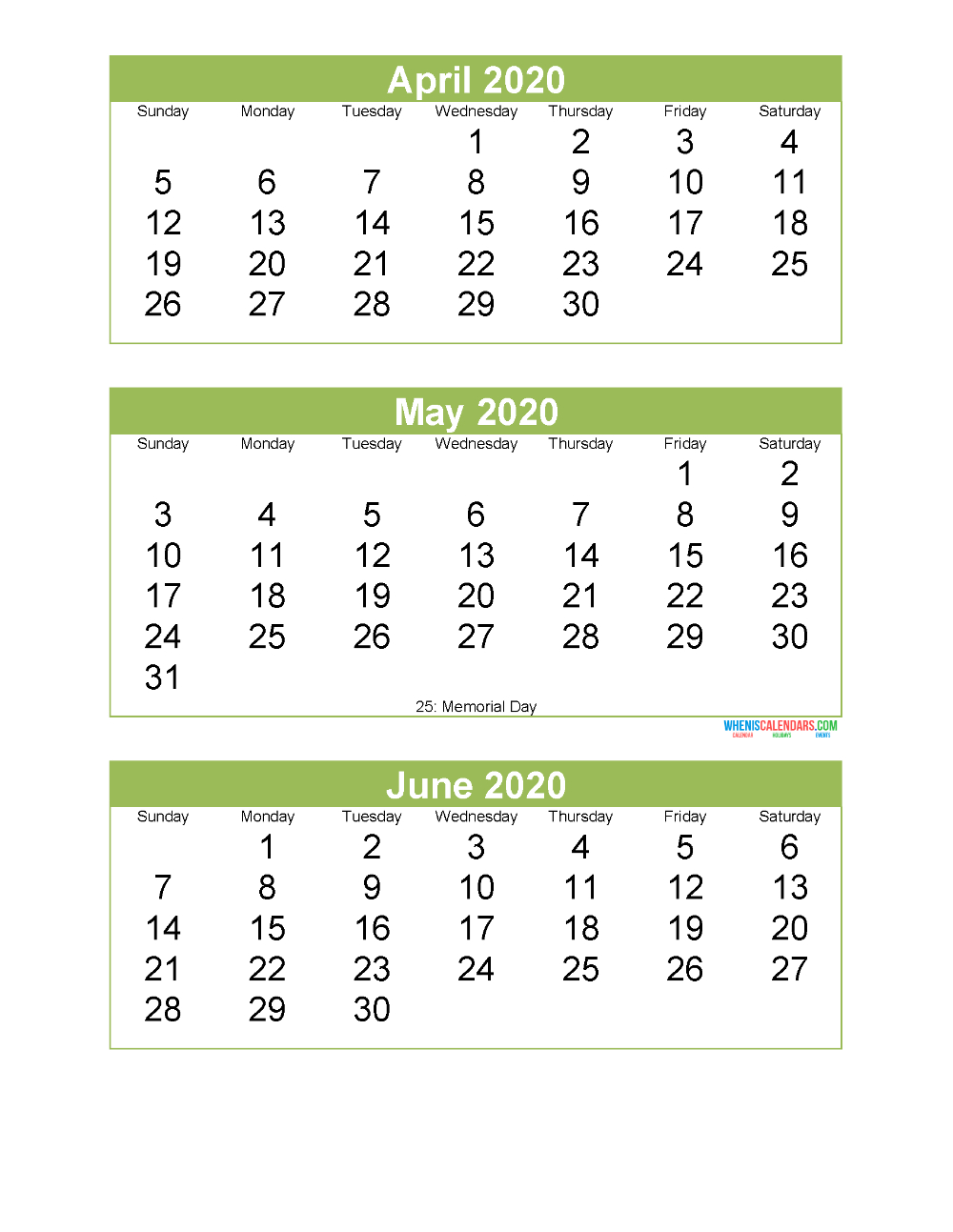 Free Printable 3 Month Calendar 2020 April May June | Free for 3 Month Calendar Printable 2020