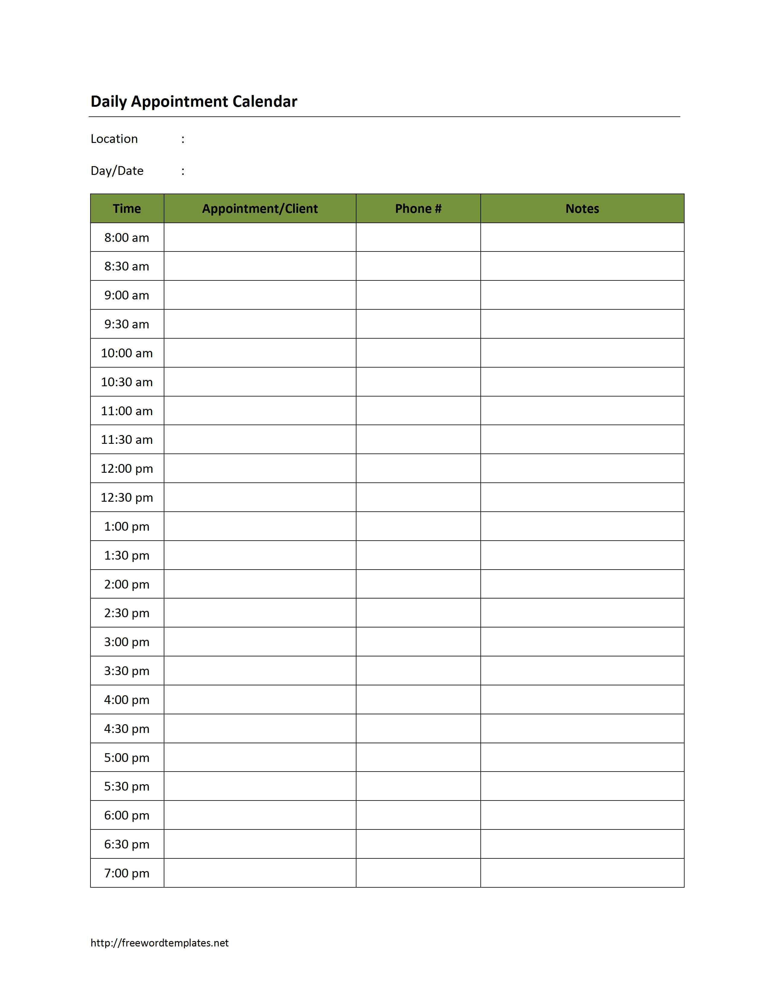 Free Printable Blank Daily Calendar | 181D Daily Appointment throughout Appointment Calendar Printable
