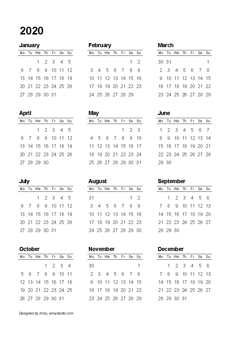 Free Printable Calendars And Planners 2020, 2021, 2022 with 2020 Calendar Mondays
