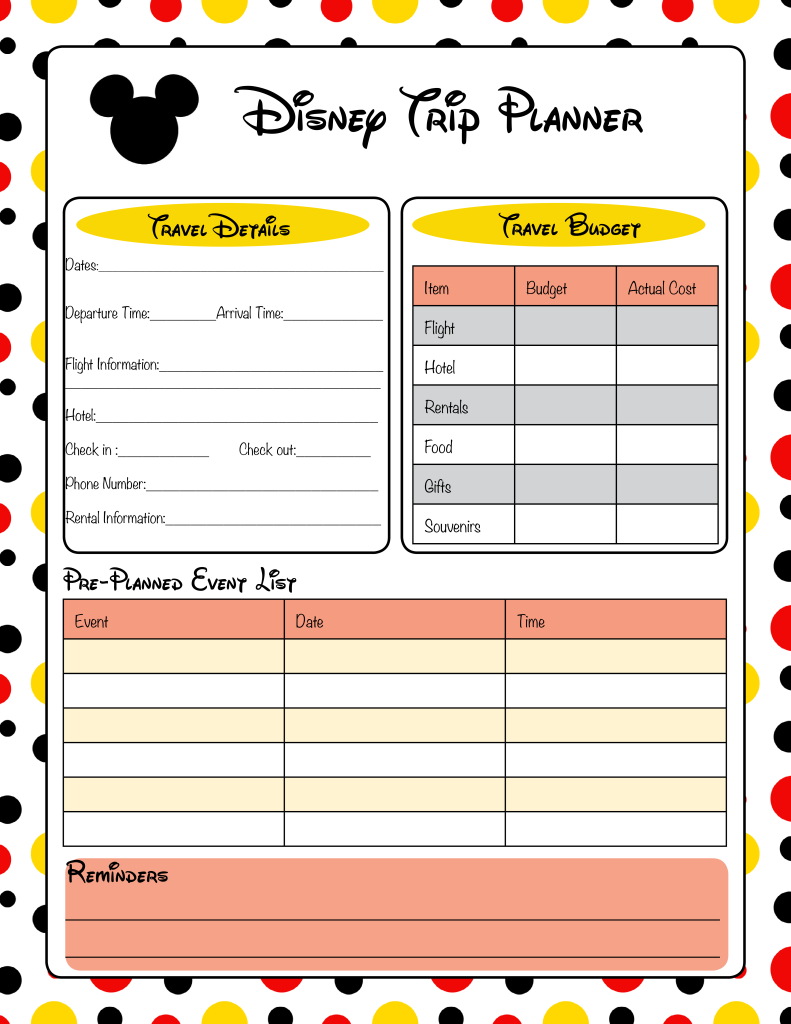 Free Printable Disney Vacation Planner | Disney Planning for Printable Disney Itinerary