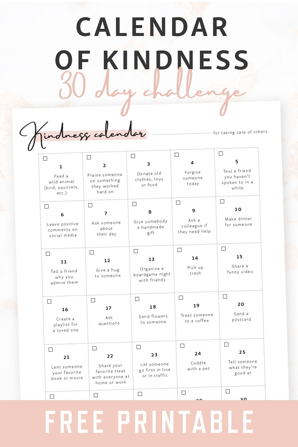 Freebie Download | Free Printable Calendar Of Kindness 30 pertaining to Kindness Calendar Template