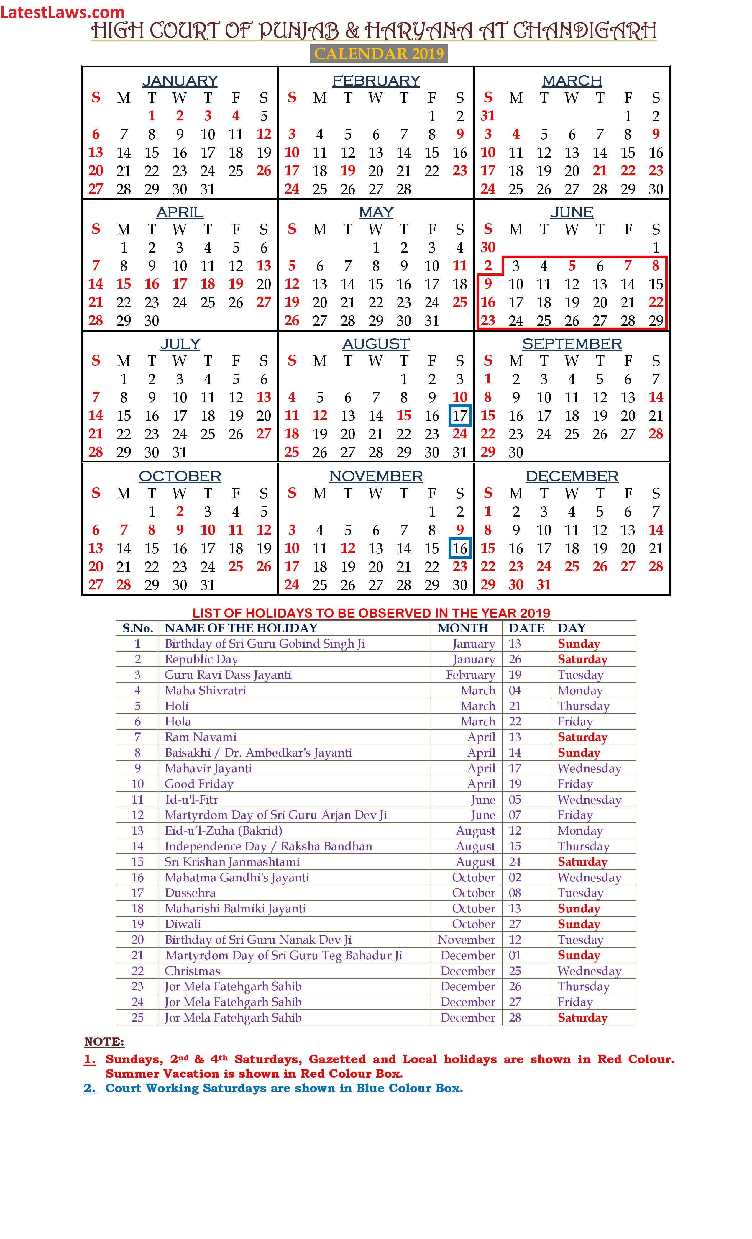 Haryana And Punjab High Court Calendar 2019 with Bihar Government Holiday Calendar 2020