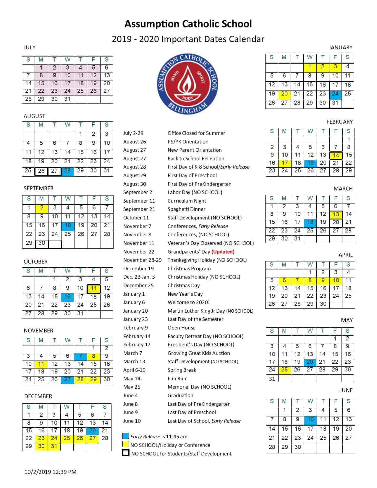 Important Dates Calendar 20192020  Assumption Catholic School for Mulgrave School Calendar