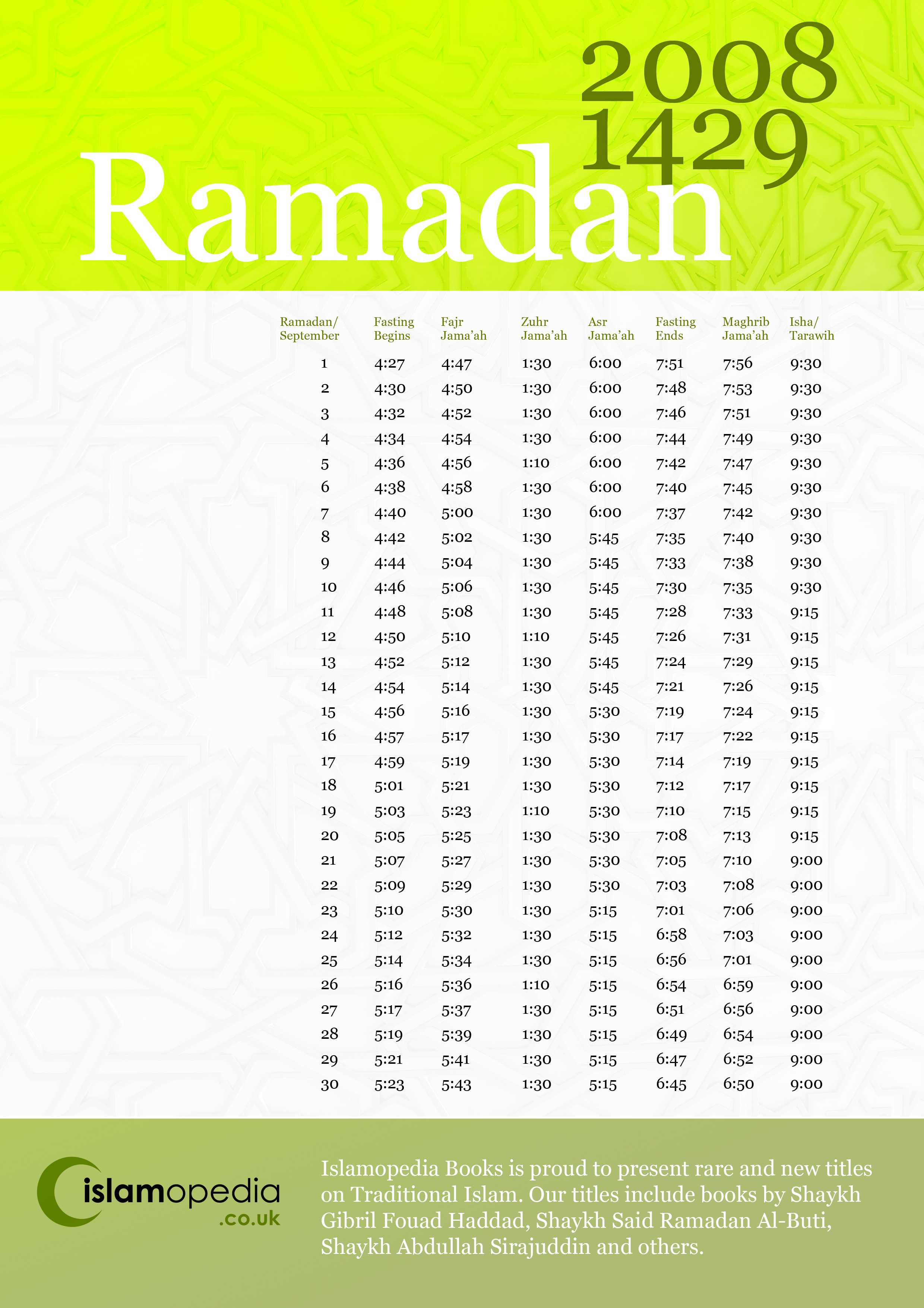 Islamopedia Ramadan 1429 (2008) Timetable For London intended for Islamic Calendar 2008