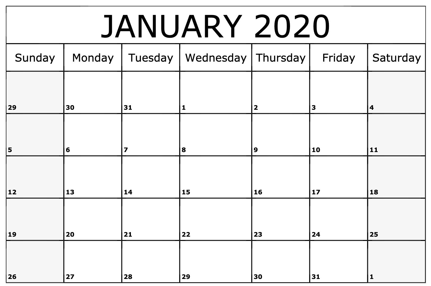 January 2020 Calendar Printable Template In Pdf Word Excel for Blank Calendar Template Word