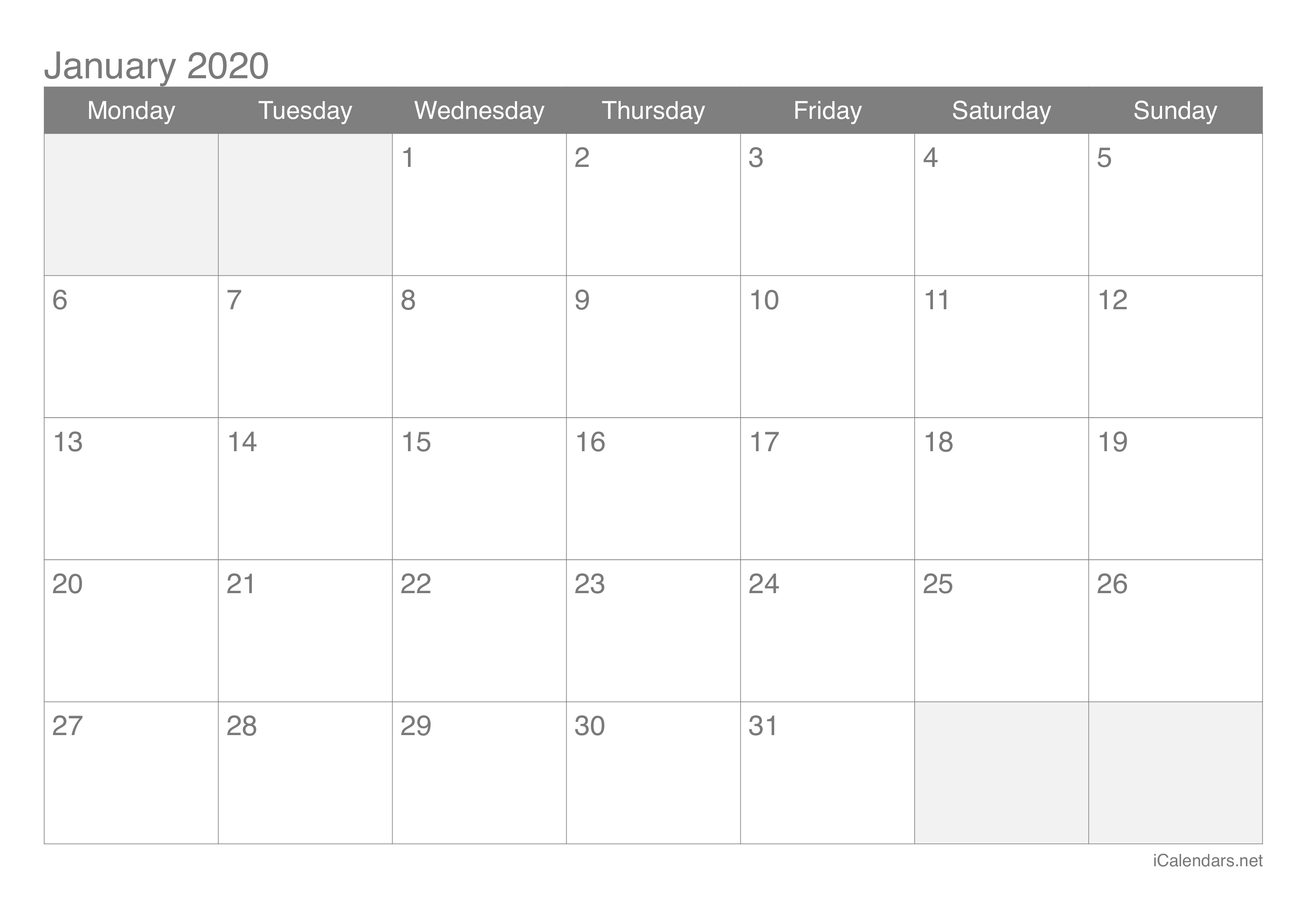 January 2020 Printable Calendar  Icalendars in January 2020 Calendar Png