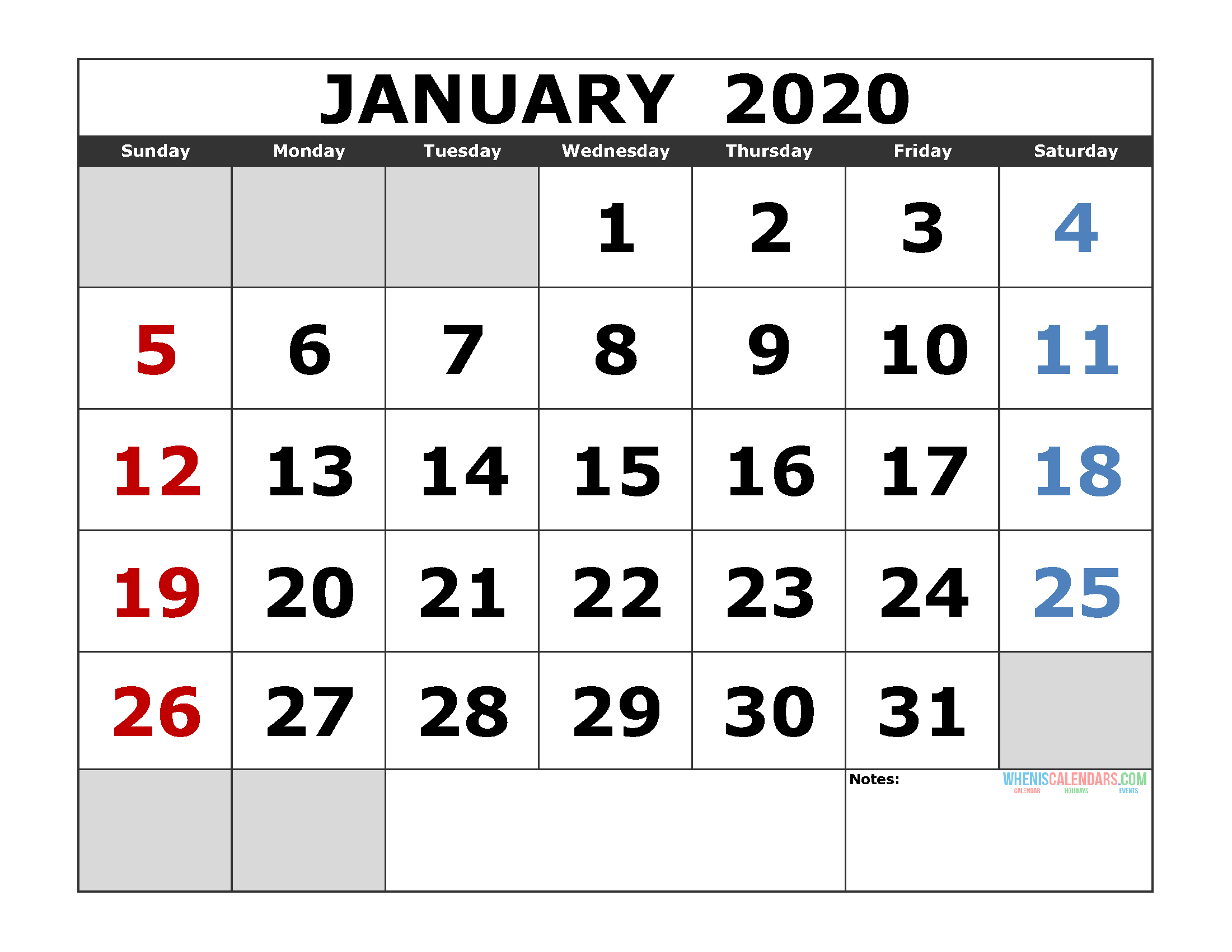 January 2020 Printable Calendar Template Excel, Pdf, Image intended for January 2020 Calendar Png