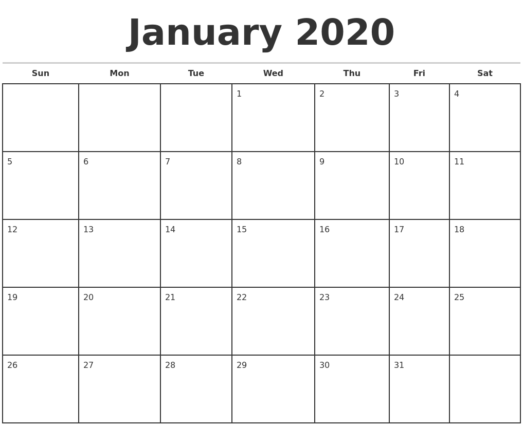 January Monthly Calendar 2020  Bolan.horizonconsulting.co with January 2020 Calendar Png