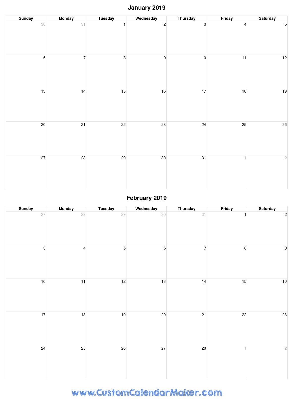 Januray And February 2019 Free Printable Calendar Template within Printable Calendar 2 Months Per Page